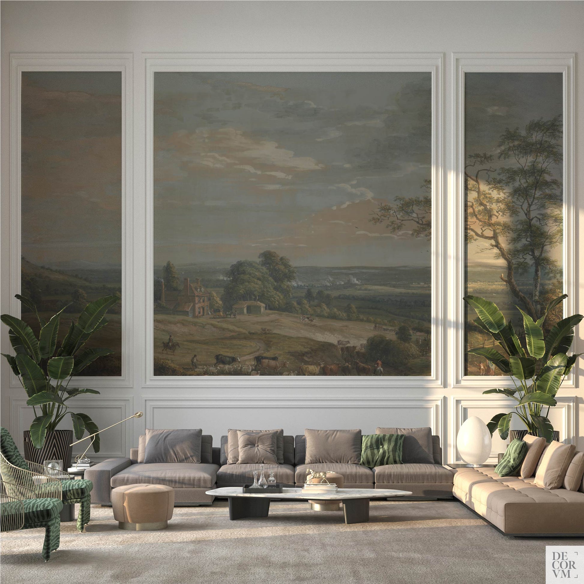 Traditional living room with panel-framed wallpaper mural of a pastoral English landscape with cattle and distant hills, by Decorvm