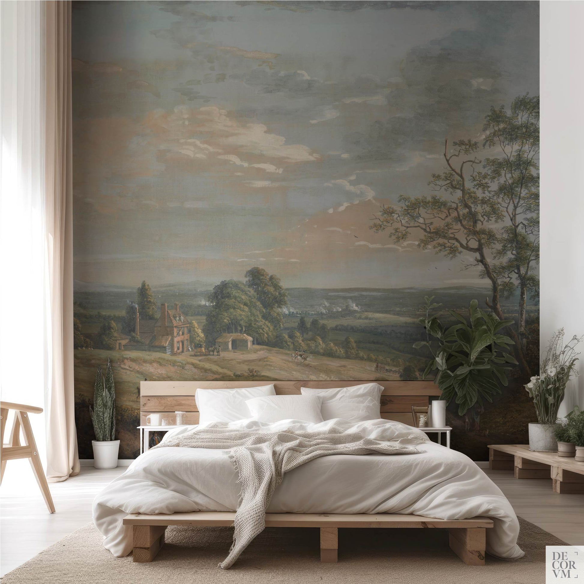 Cozy bedroom with large-scale countryside wall mural depicting a tree-lined horizon and rural scenery, by Decorvm.