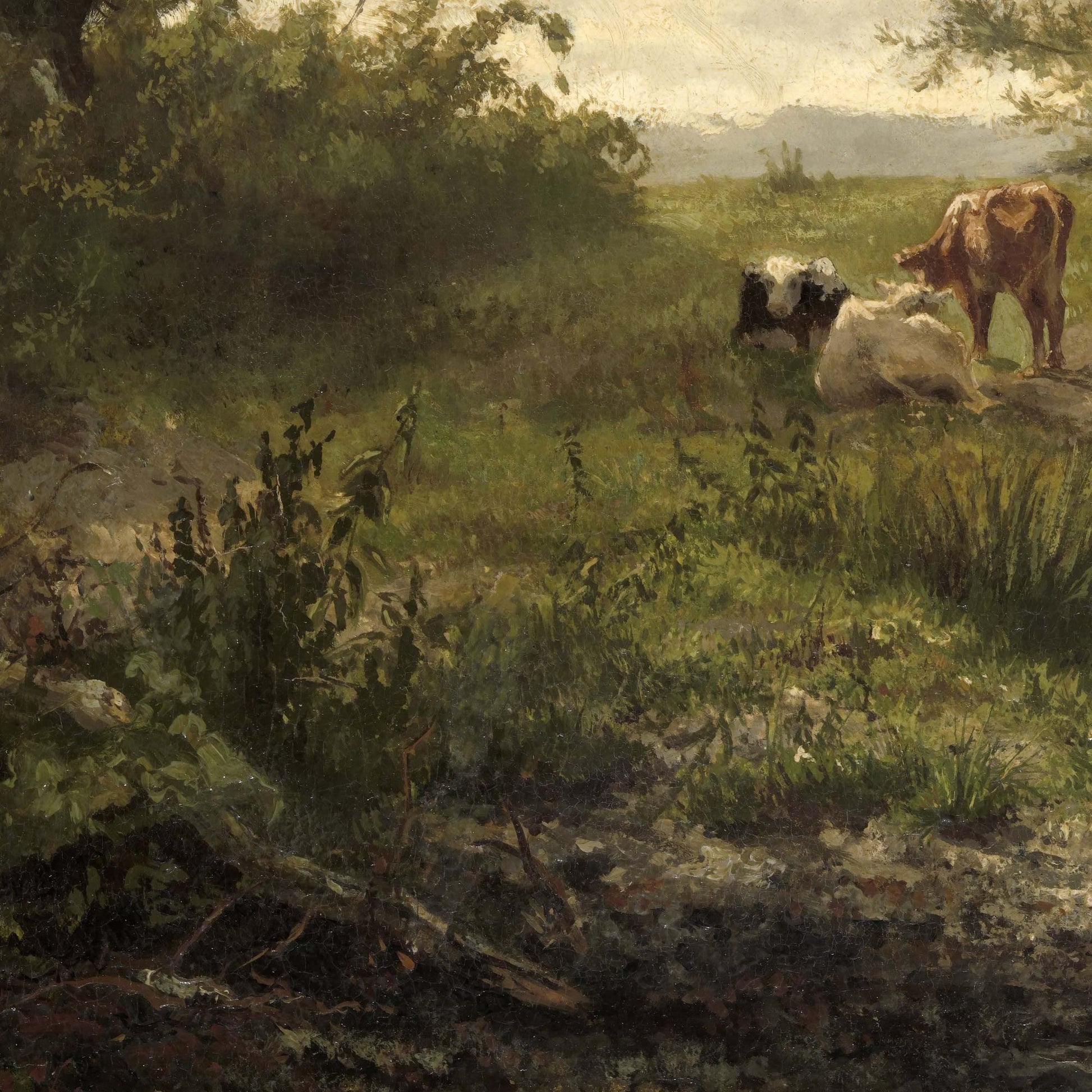 Detail showing meadow foliage and resting cattle from the pastoral Dutch landscape wallpaper mural.