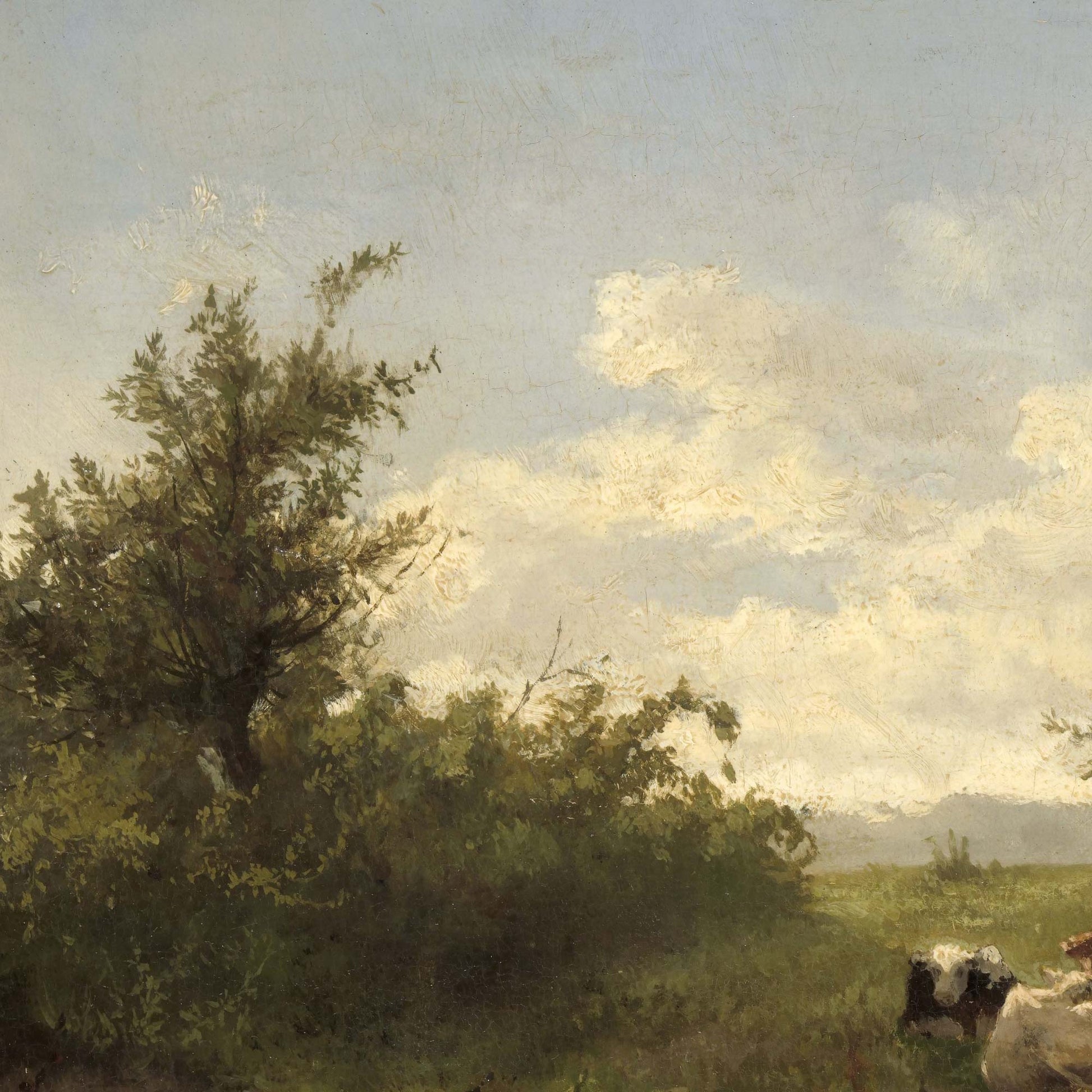 Detail of expansive sky and treetop with soft clouds from Gerard Bilders pastoral landscape mural.