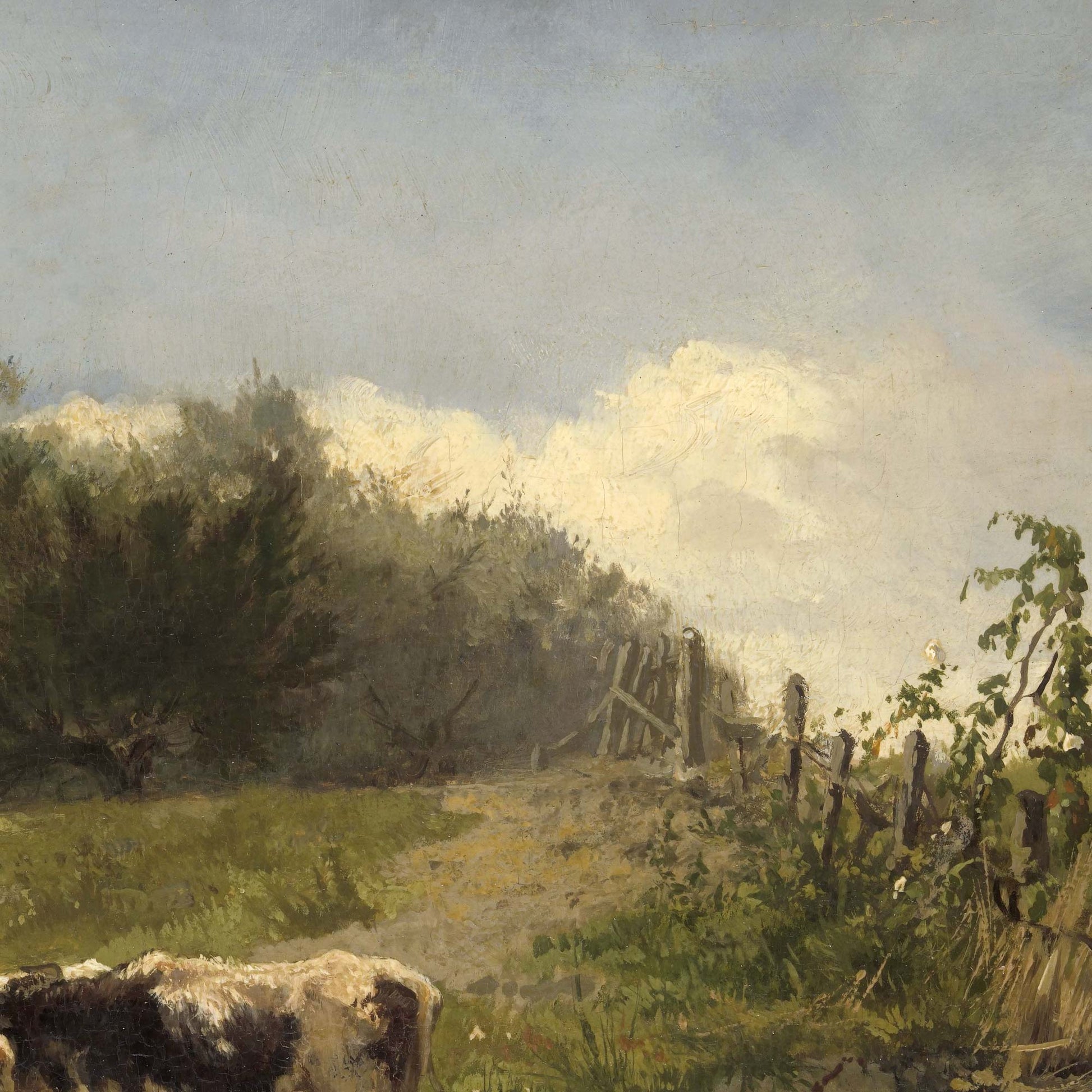Detail of rustic fence and sunlit path on hillside from Pastoral Dutch Cattle at Pond mural, 1856.