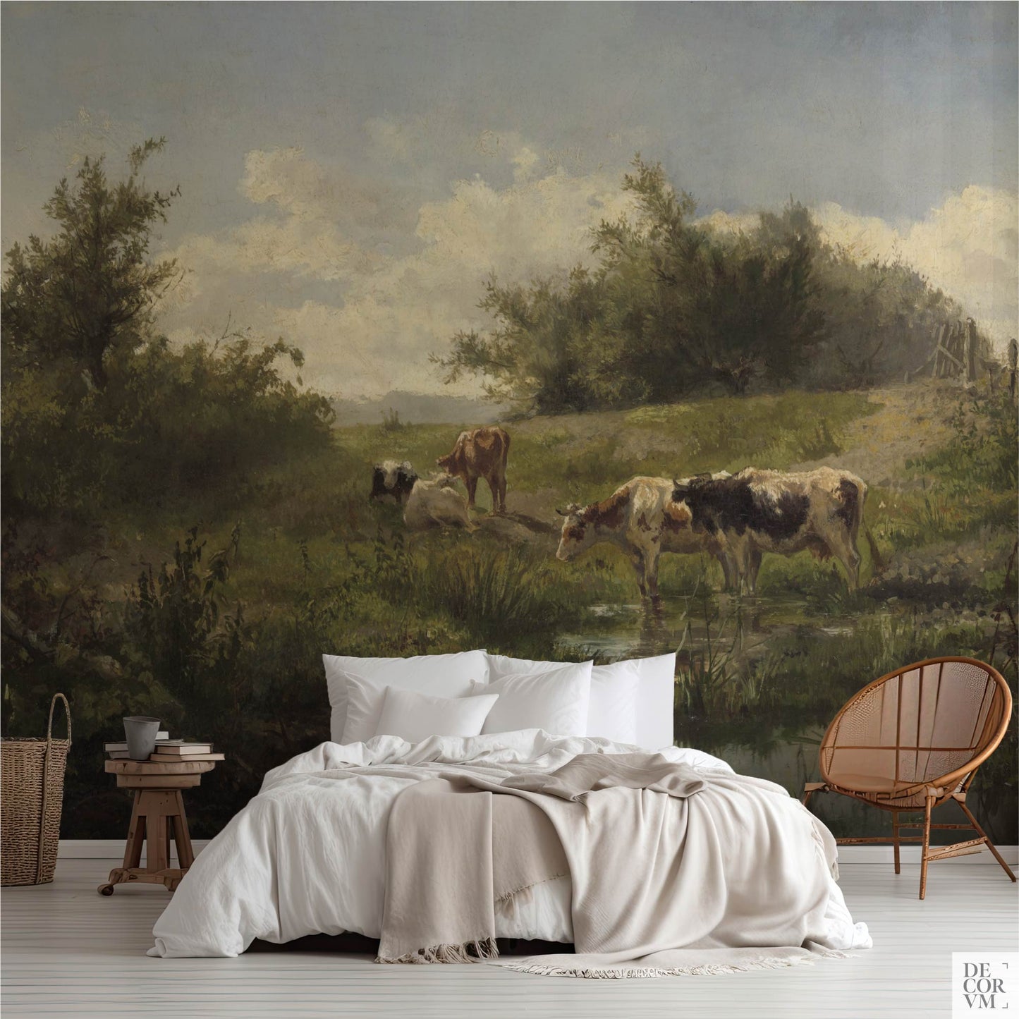 Bedroom with Pastoral Dutch cattle at pond wallpaper mural by Gerard Bilders, 1856, serene meadow over neutral bedding.