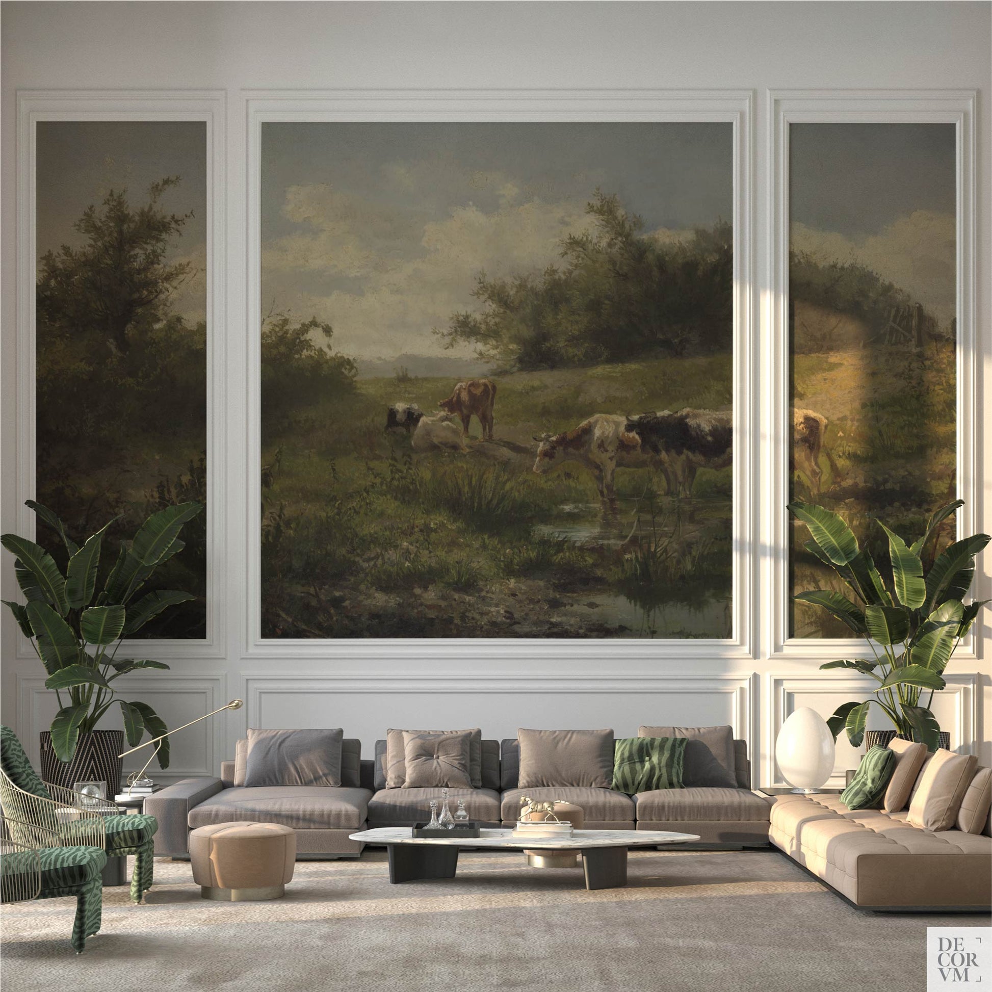 Grand living room with paneled walls showcasing framed Pastoral Dutch Cattle at Pond wallpaper mural, Gerard Bilders 1856.