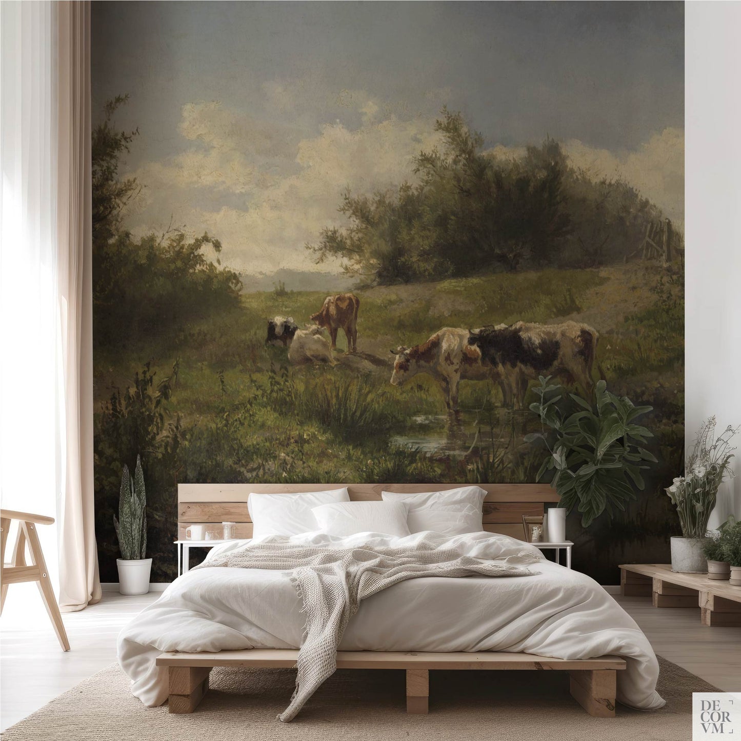 Sunlit bedroom featuring cows by a pond landscape wallpaper mural, Gerard Bilders 1856, warm greens and open sky.