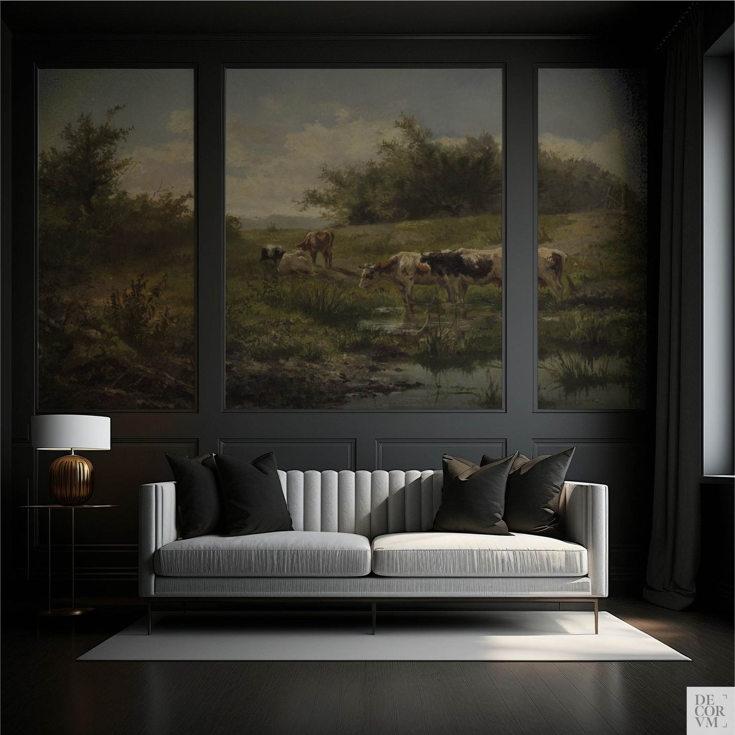 Moody charcoal sitting room with triptych installation of Dutch cattle at pond wallpaper mural by Gerard Bilders, 1856.