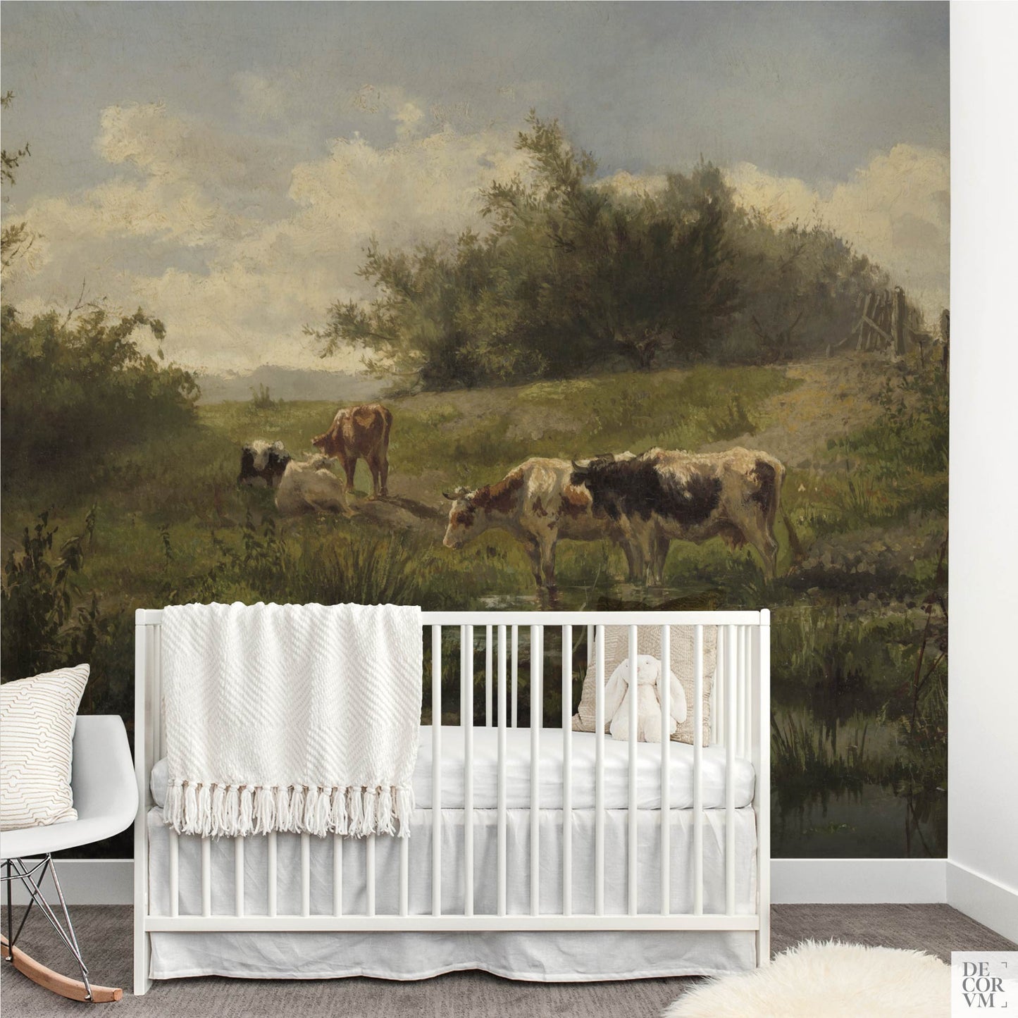 Nursery with white crib and calm Dutch pastoral cattle at pond wallpaper mural, Gerard Bilders 1856.