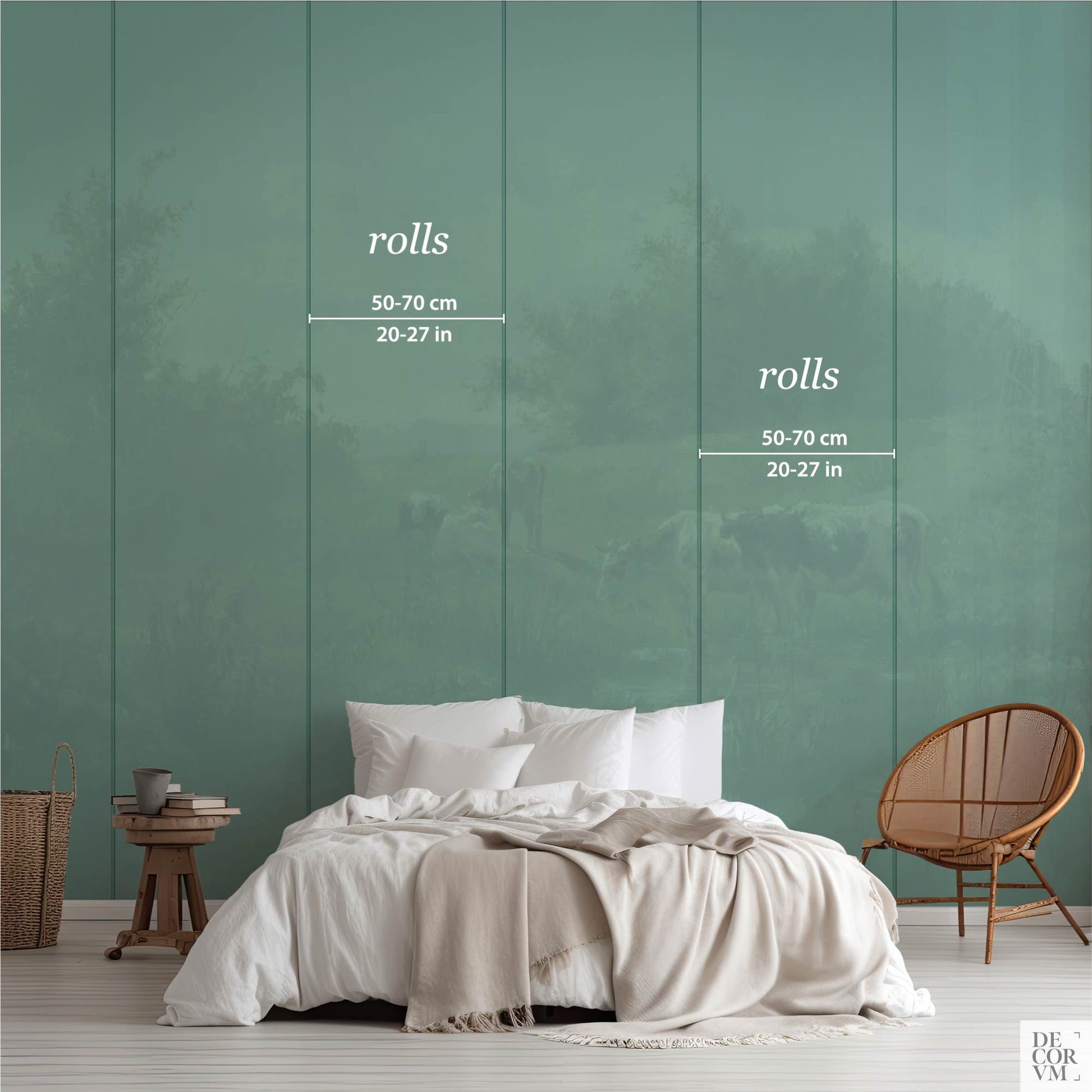 Roll size guide for Pastoral Dutch Cattle wallpaper mural showing vertical panels 50–70 cm (20–27 in) wide.