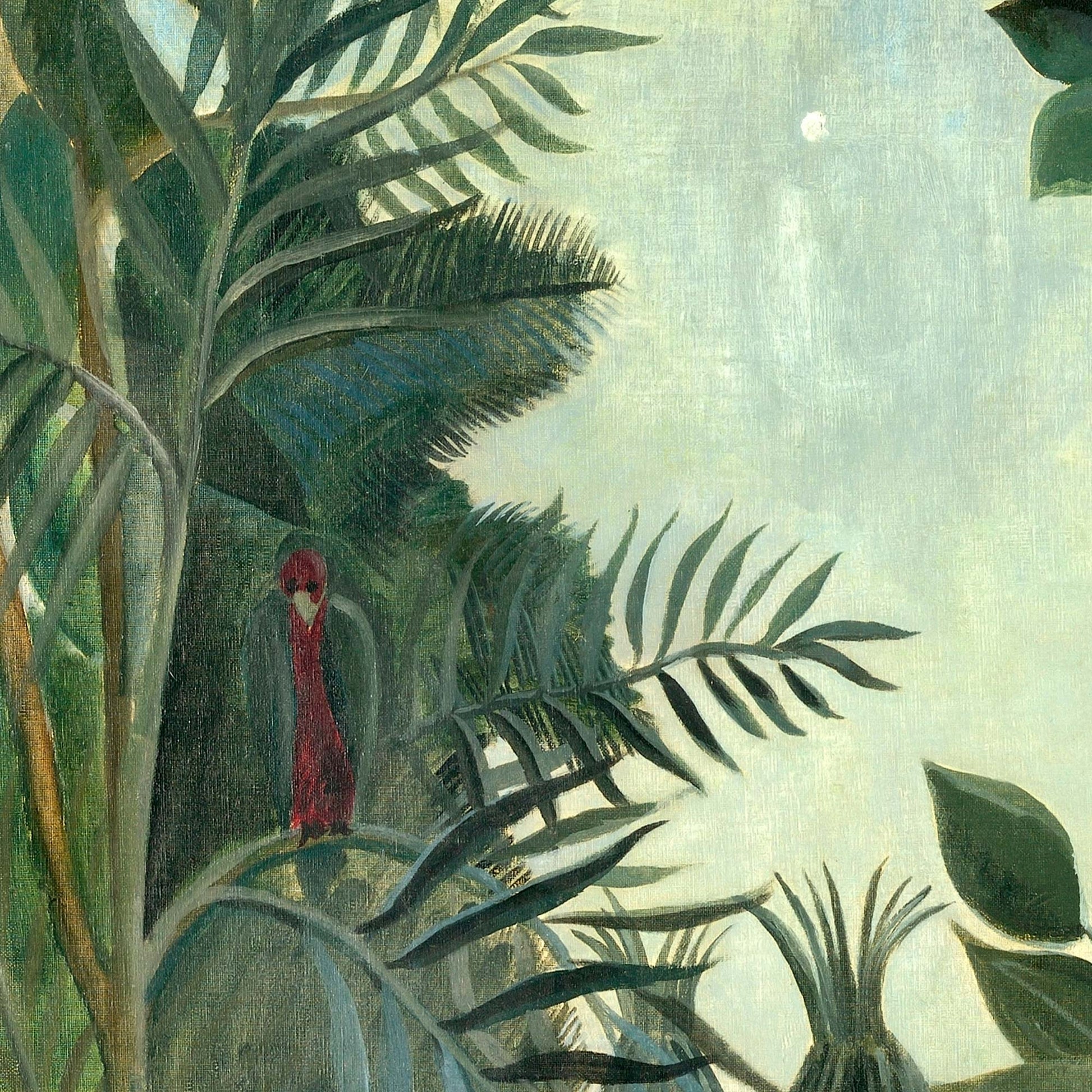Close-up of a red parrot perched in dense green foliage under a pale sky in Rousseau’s jungle artwork.
