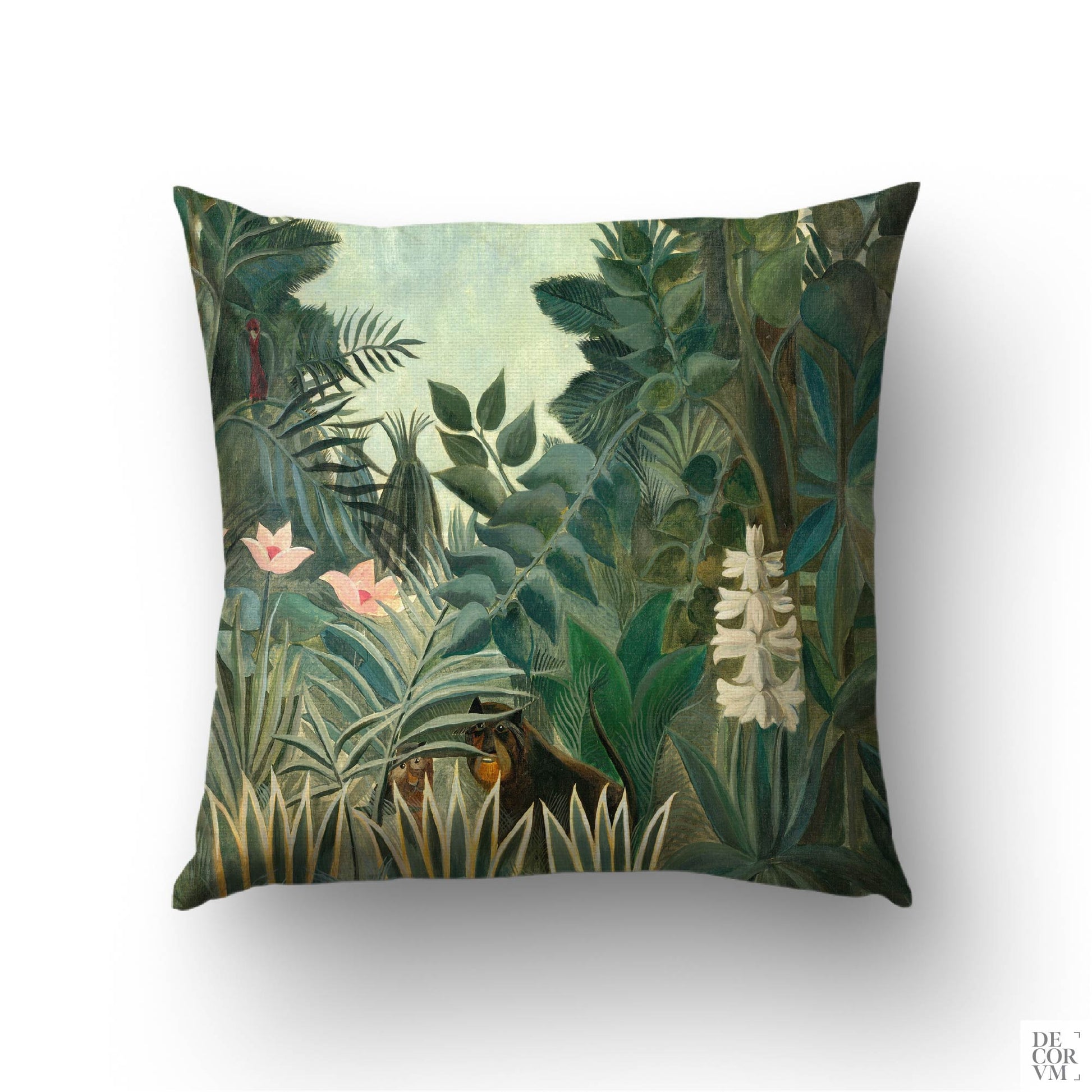 Henri Rousseau Equatorial Jungle cushion cover with deep emerald foliage and tropical scene on a clean white background.
