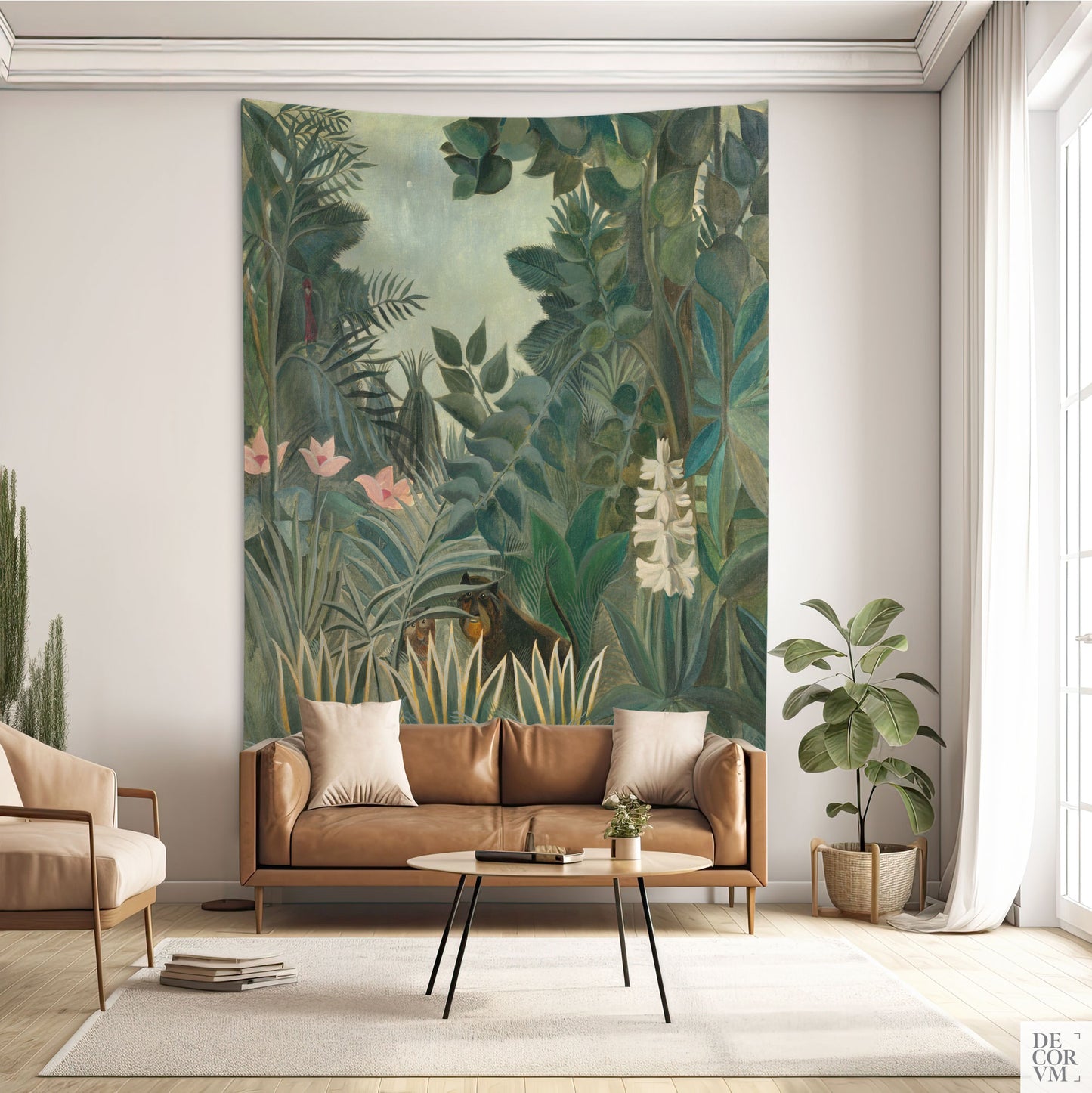 Large wall tapestry featuring Henri Rousseau’s Equatorial Jungle, shown in elegant living room interior above leather sofa.