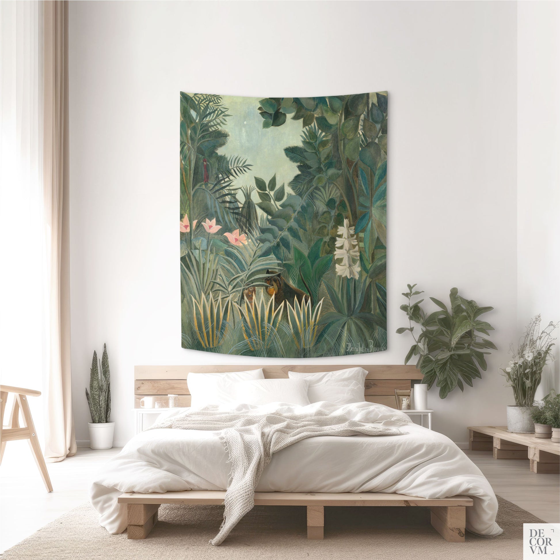 Vintage style wall tapestry with Rousseau’s Equatorial Jungle painting, jungle greenery and tropical flowers for living room.