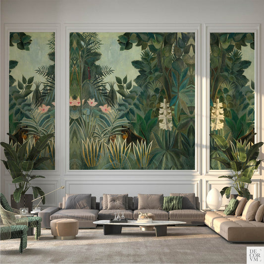 Large living room with wall art mural of Rousseau’s tropical jungle painting framed in three panels.
