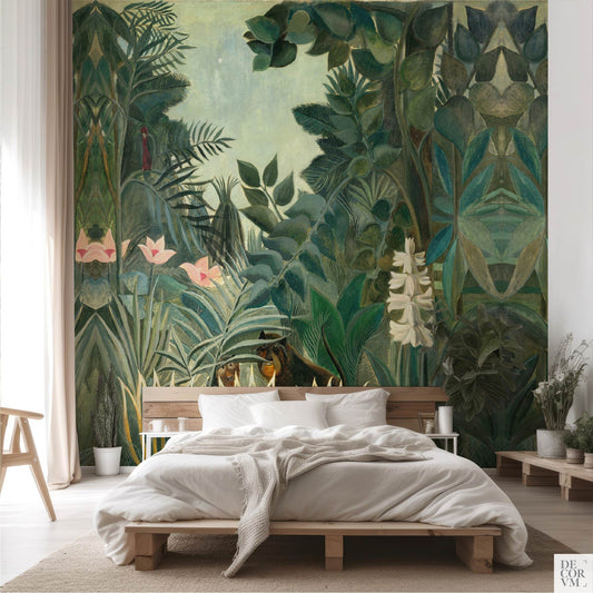 Henri Rousseau Equatorial Jungle wallpaper mural in a minimalist bedroom — deep green tropical foliage and flowers.