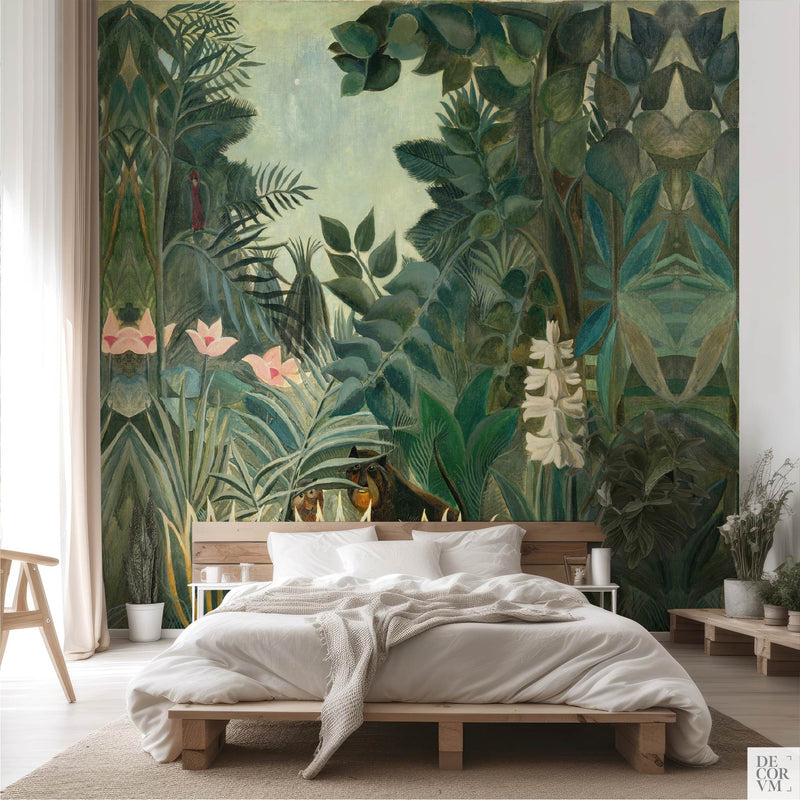 Minimalist bedroom with a jungle mural by Rousseau showcasing deep green leaves and tropical flowers.