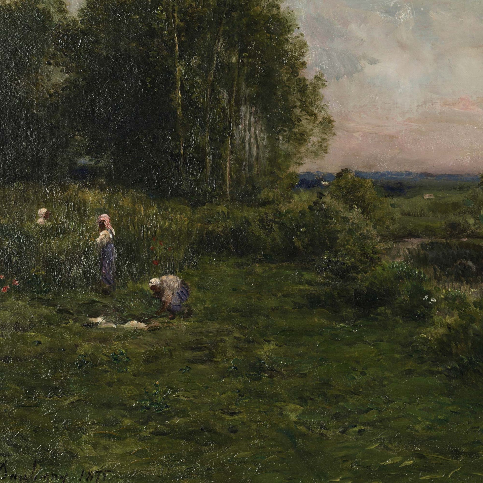 Close-up of the French River Landscape Wallpaper Mural showing women in a green meadow beside tall trees, 19th-century pastoral detail.