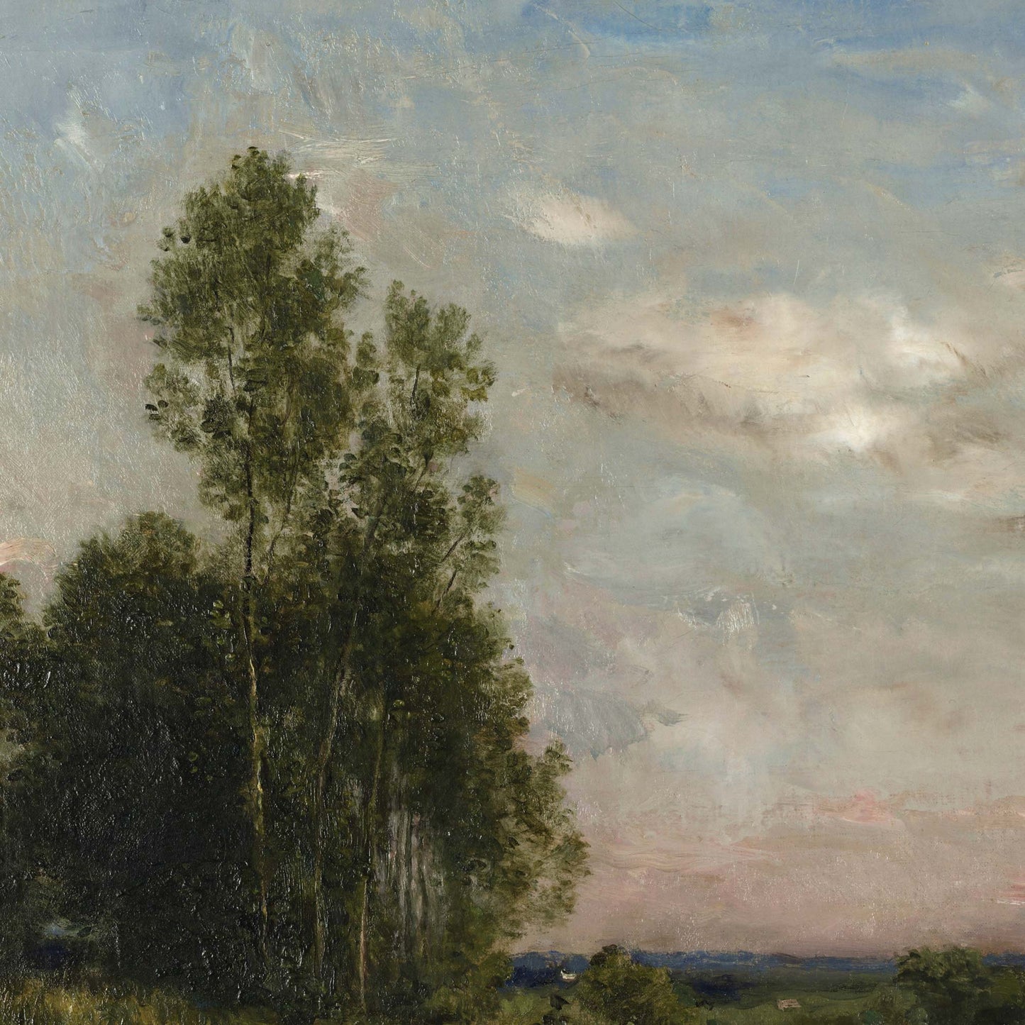 Detail of the mural with slender poplars rising against a soft clouded sky, textured brushwork and muted evening light.