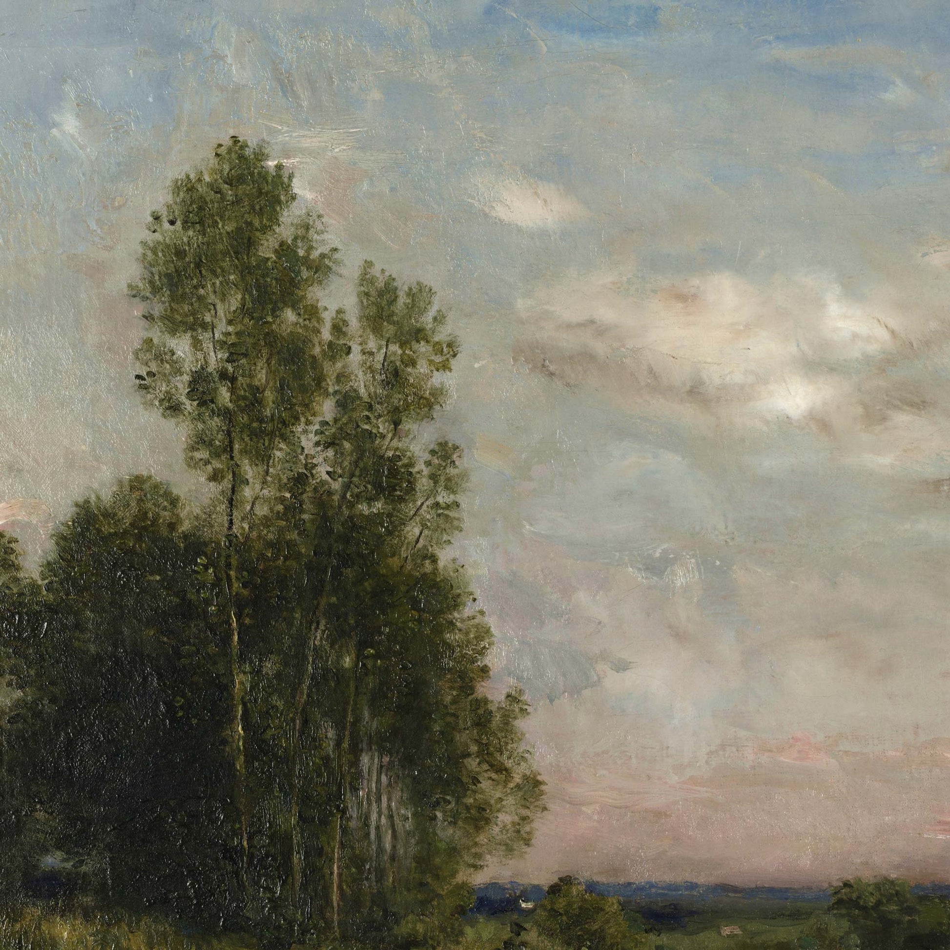 Detail of the mural with slender poplars rising against a soft clouded sky, textured brushwork and muted evening light.
