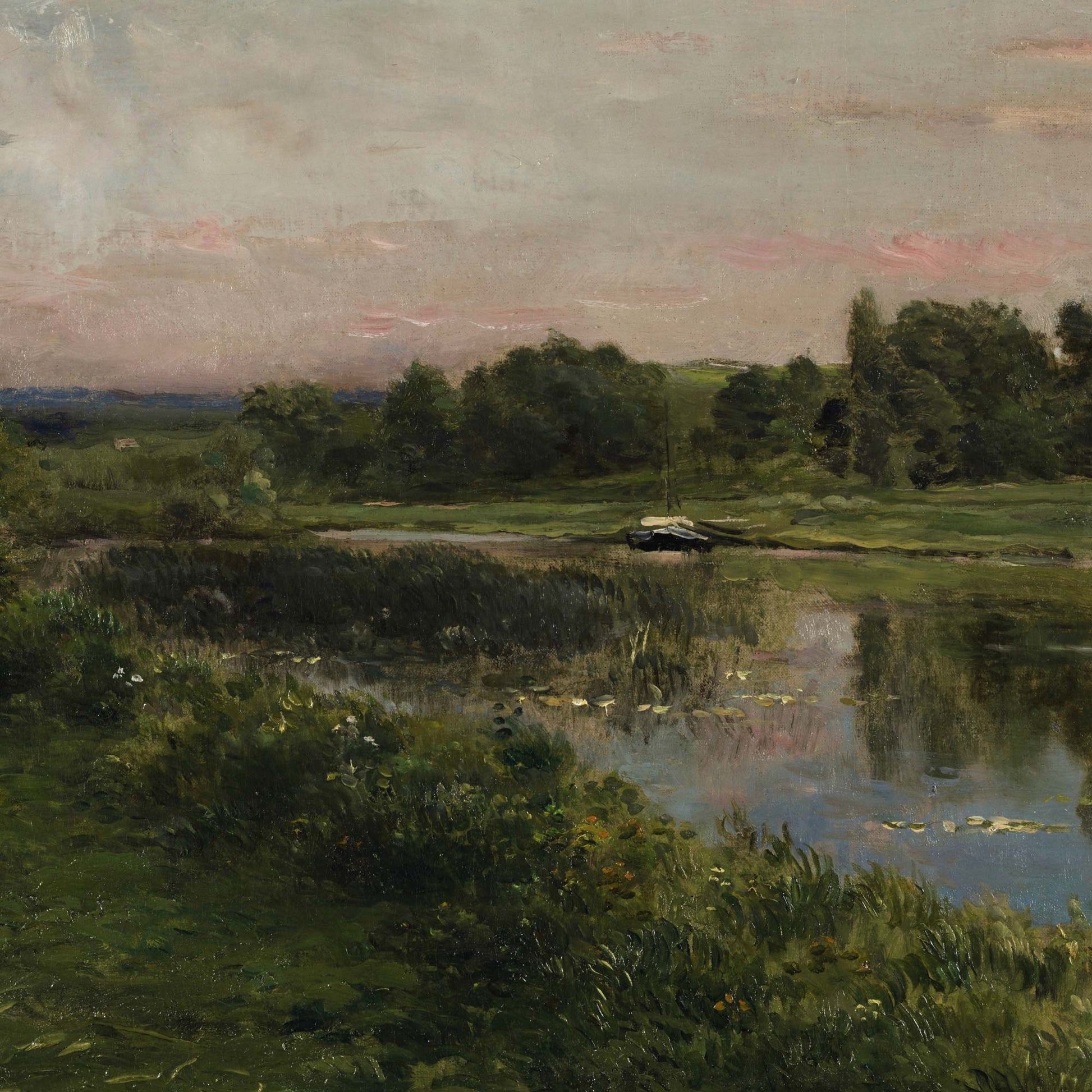 Riverbank close-up from the French River Landscape mural—reeds, lily pads, and a small moored boat reflected in calm water.