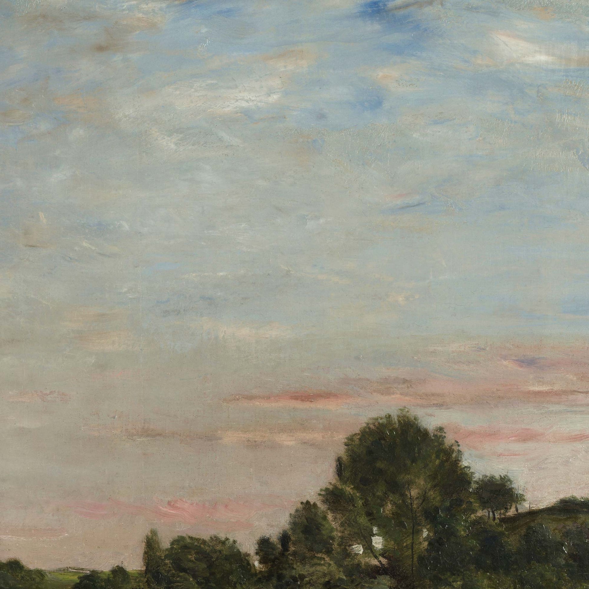 Expansive sky study from the French River Landscape Wallpaper Mural—wispy clouds in blue and blush tones above distant treetops.