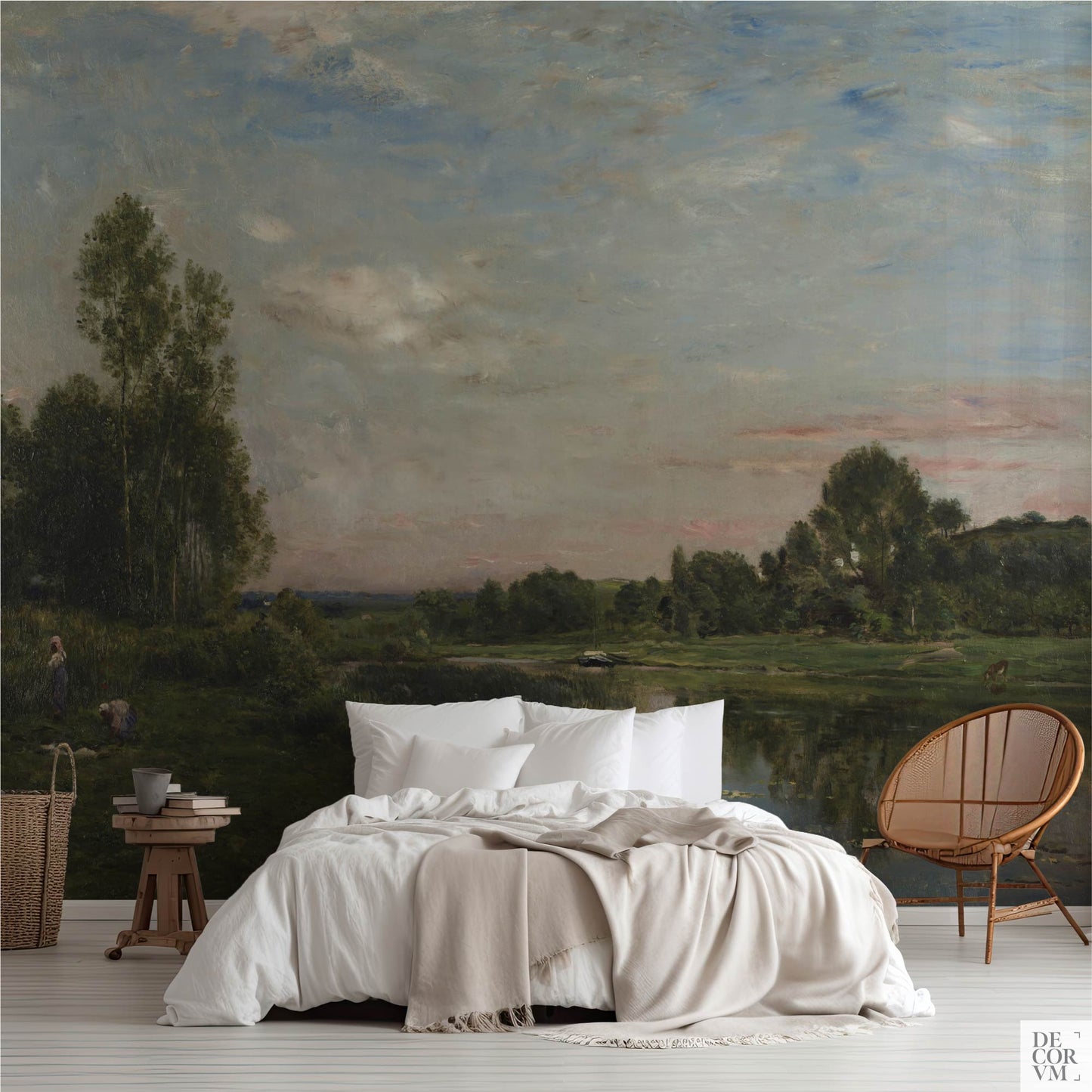 French River Landscape Wallpaper Mural in a calm bedroom; 19th-century pastoral river scene with big sky, trees, and reflections behind a white bed and rattan chair.