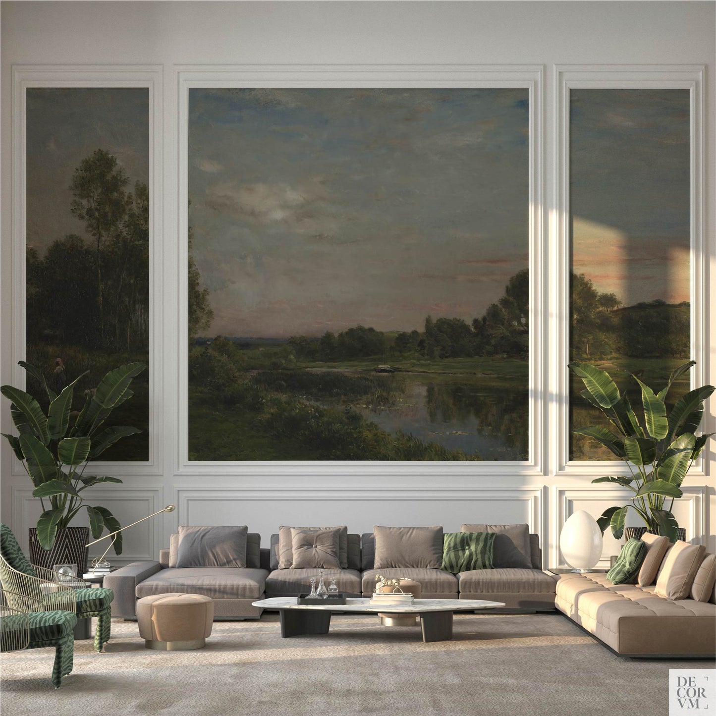 French River Landscape Wallpaper Mural framed as wall panels in a grand living room with classic mouldings, large sectional, and indoor plants; refined gallery look.