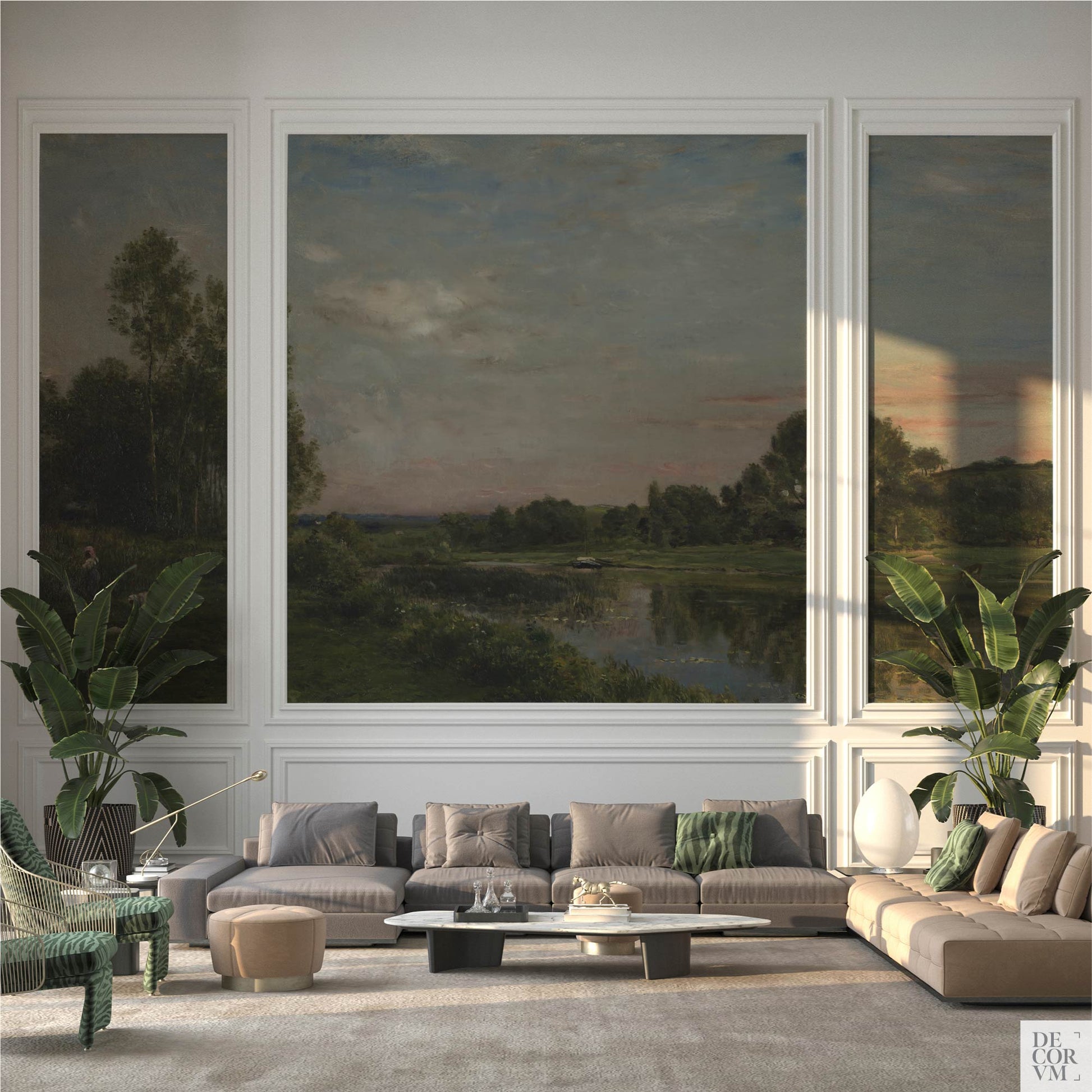 French River Landscape Wallpaper Mural framed as wall panels in a grand living room with classic mouldings, large sectional, and indoor plants; refined gallery look.