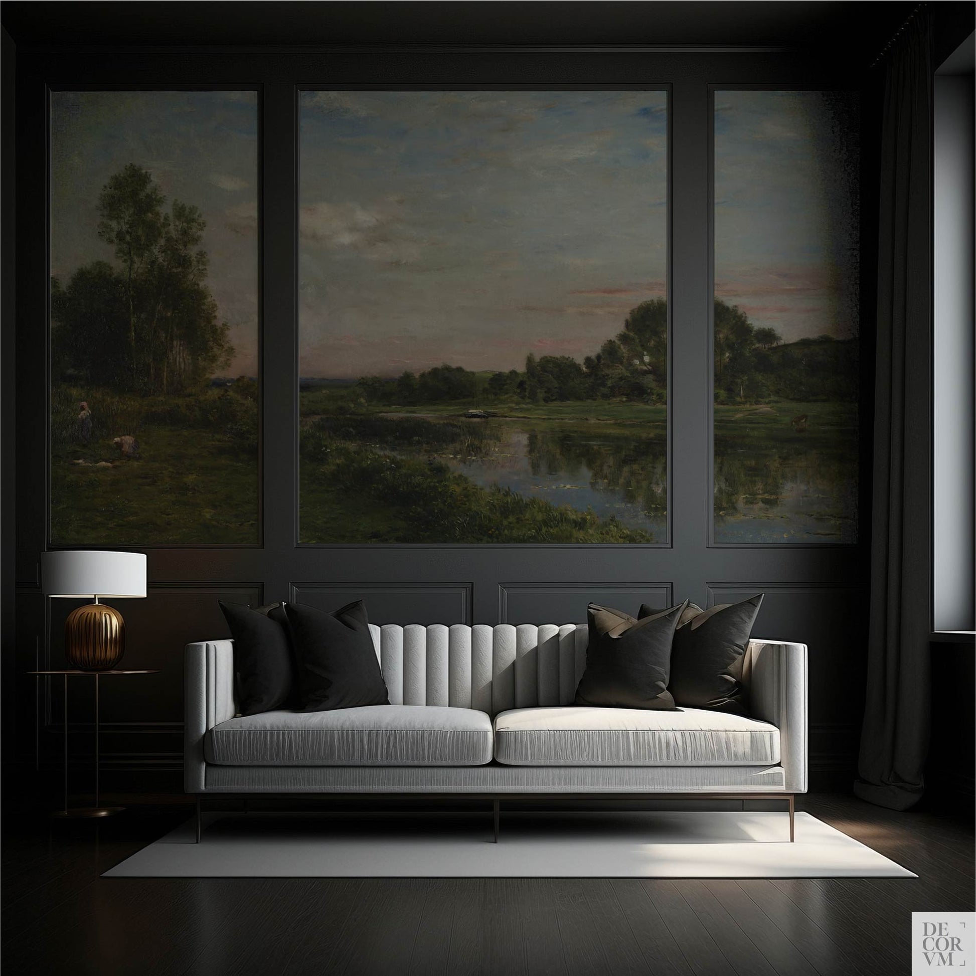 Moody lounge with dark paneling showcasing the French River Landscape Wallpaper Mural as a triptych above a modern sofa; dramatic pastoral river at dusk.