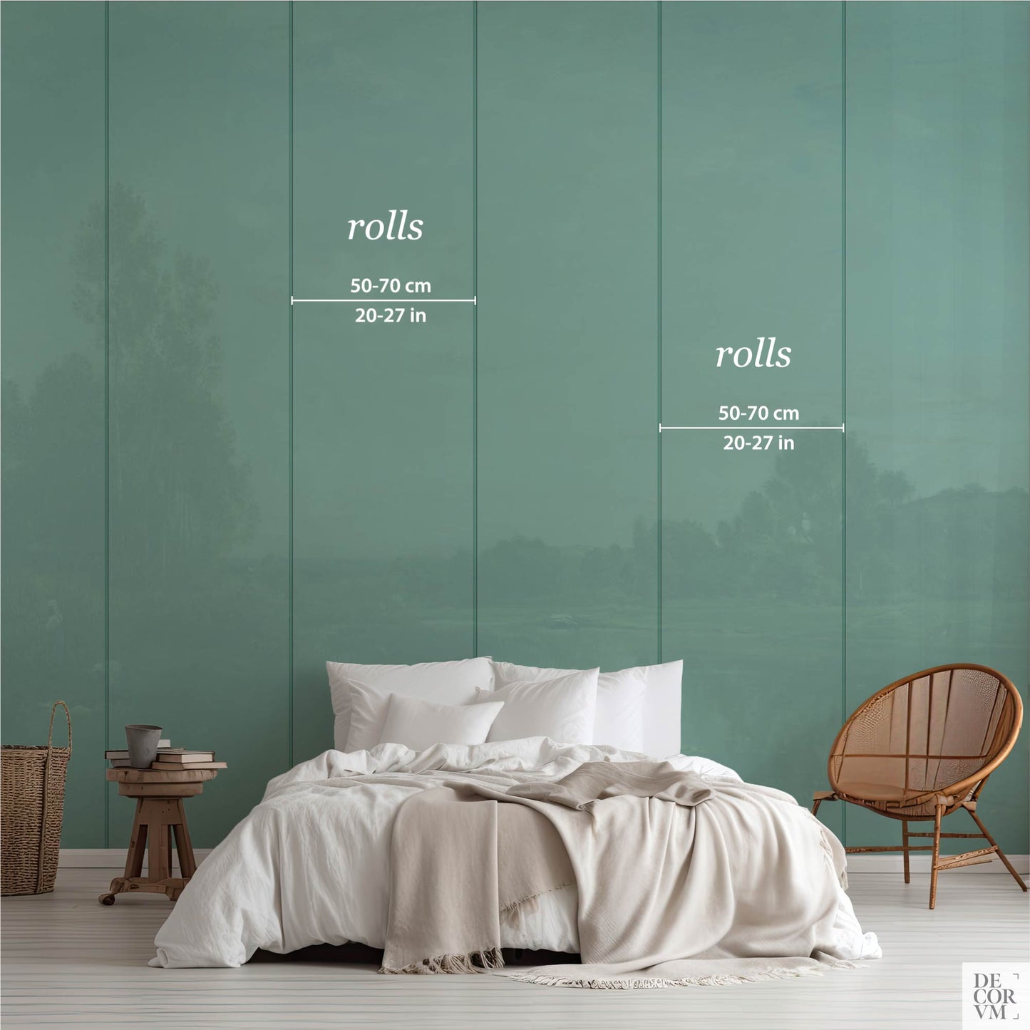 Sizing guide for the French River Landscape Wallpaper Mural showing panelized rolls 50–70 cm (20–27 in) wide on a teal mockup, printed to fit your wall.