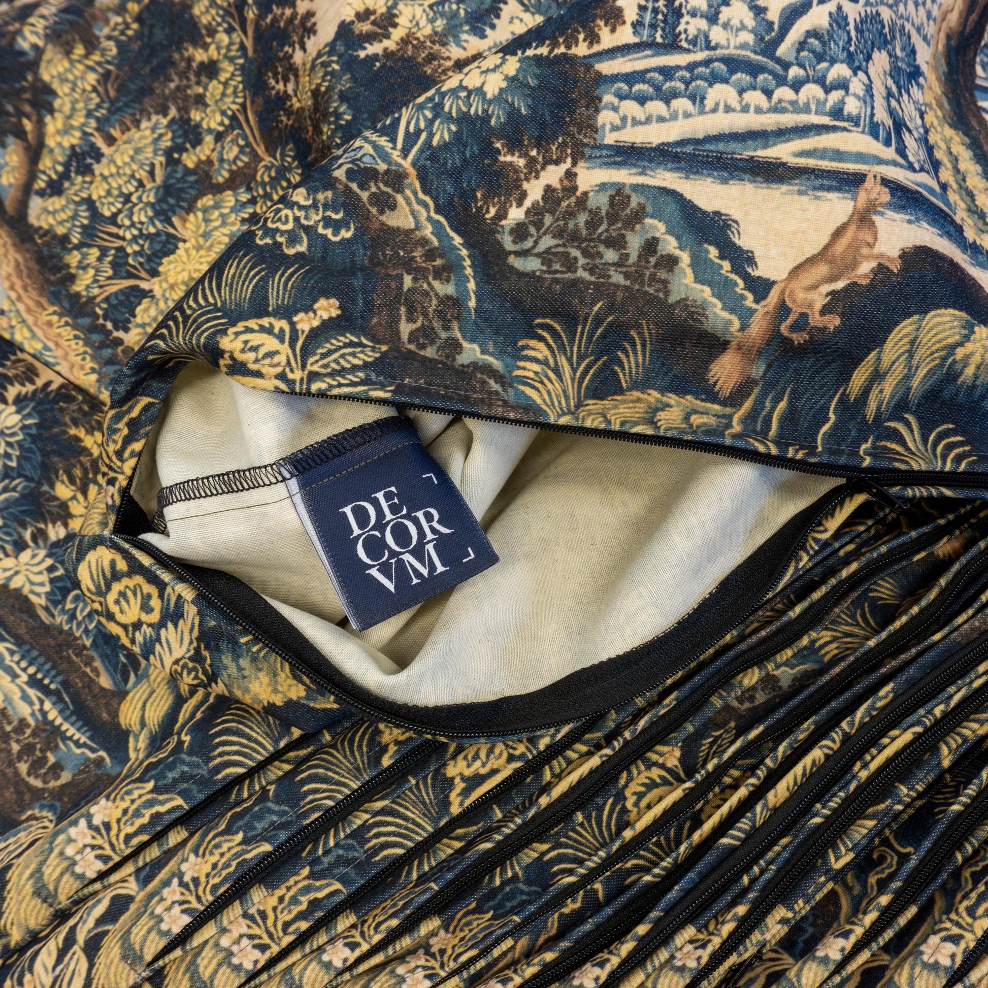 Decorvm brand label and high quality hidden zipper detail on vintage style tapestry cushion