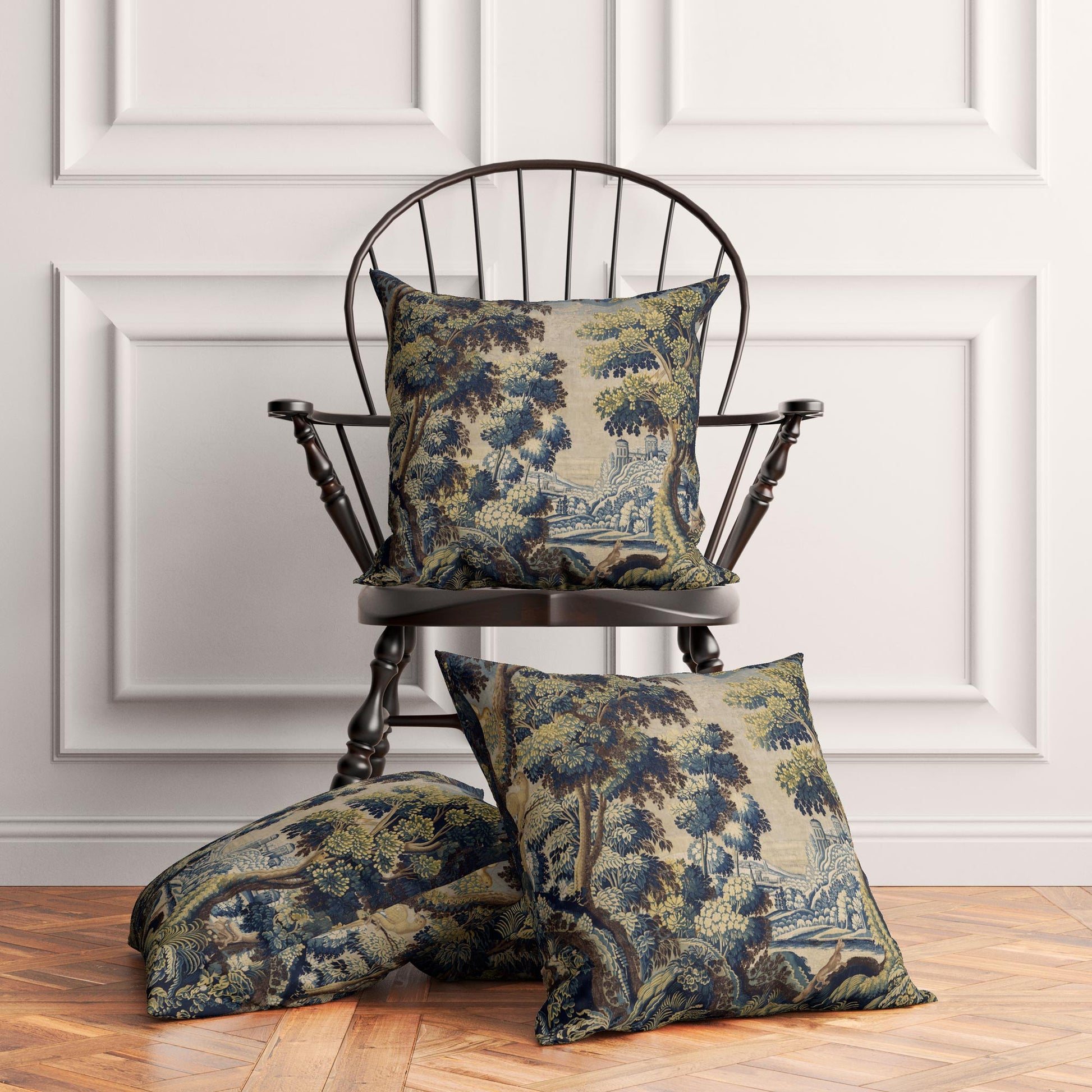 Dark Academia styled verdure pillows on wooden chair and floor vintage reproduction by Decorvm
