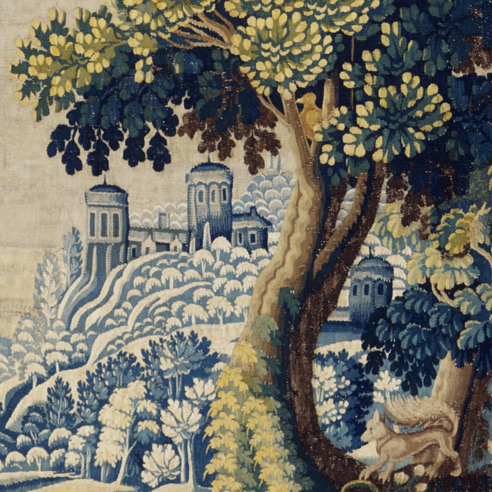 Detailed view of medieval castle architecture on blue verdure landscape pillow vintage reproduction by Decorvm