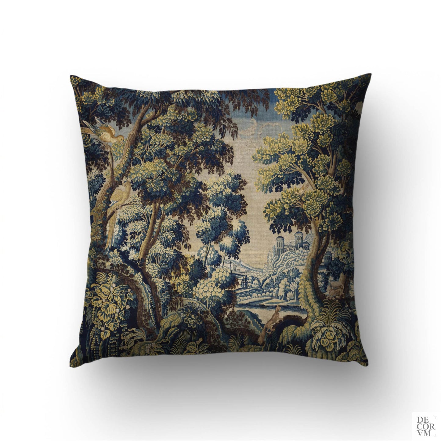 French Verdure tapestry pillow cover featuring medieval castle and forest landscape vintage reproduction by Decorvm