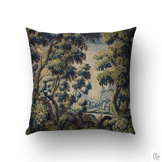 French Verdure tapestry pillow cover featuring medieval castle and forest landscape vintage reproduction by Decorvm