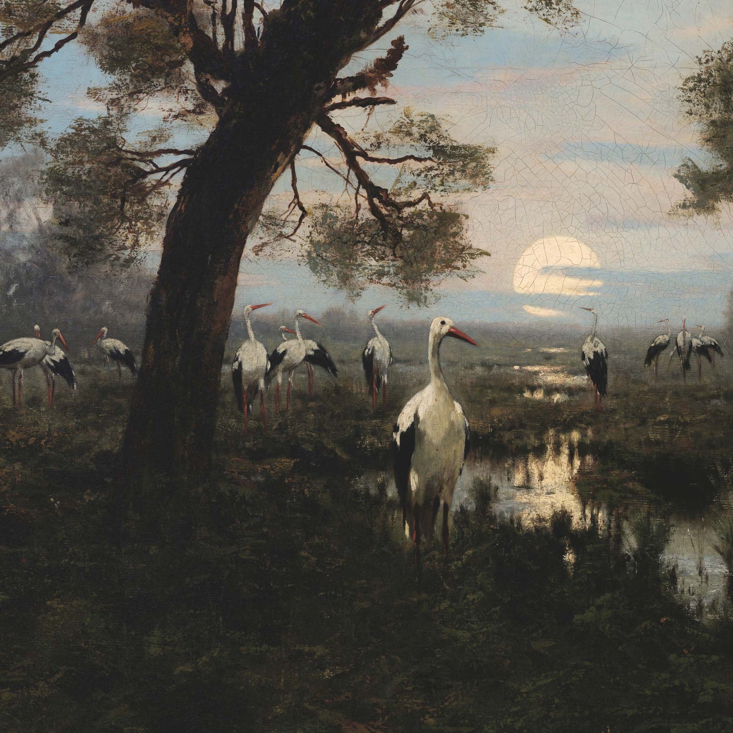 Close-up of Gathering Storks artwork showing white storks in a marshy wetland beneath a large tree, with a pale moon low on the horizon.