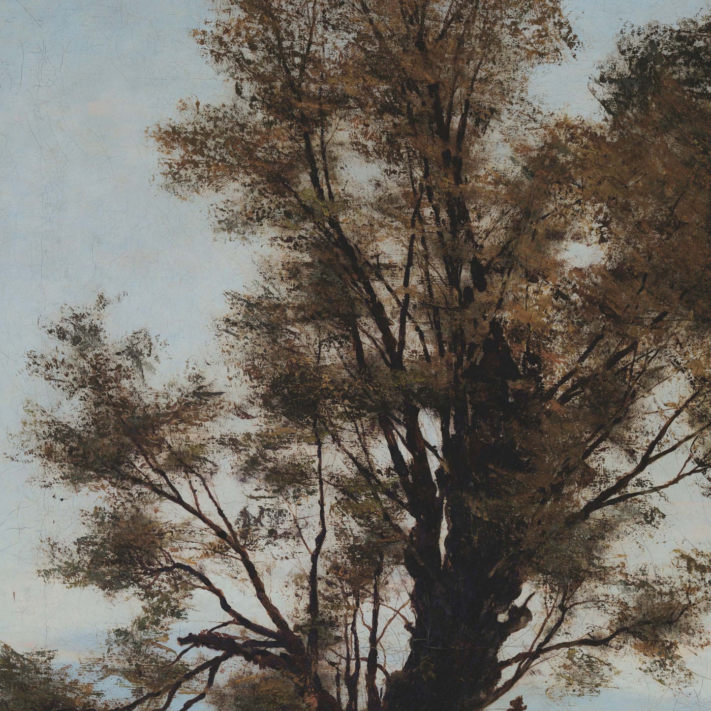 Close-up of Gathering Storks artwork focusing on the tall tree canopy and branches against a soft blue sky, with vintage painterly texture.