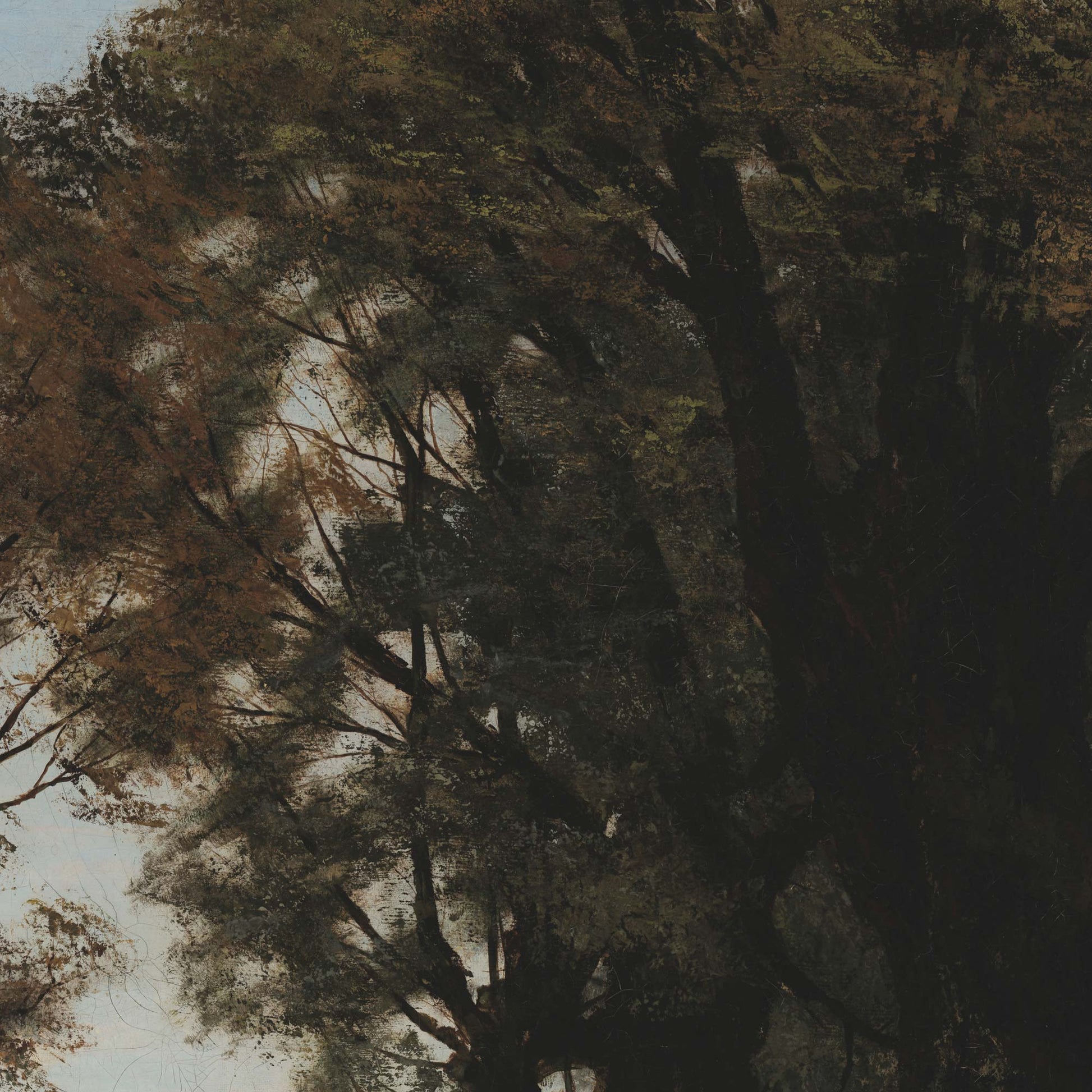 Close-up of Gathering Storks artwork highlighting dense woodland foliage and layered treetops in dark, atmospheric tones.