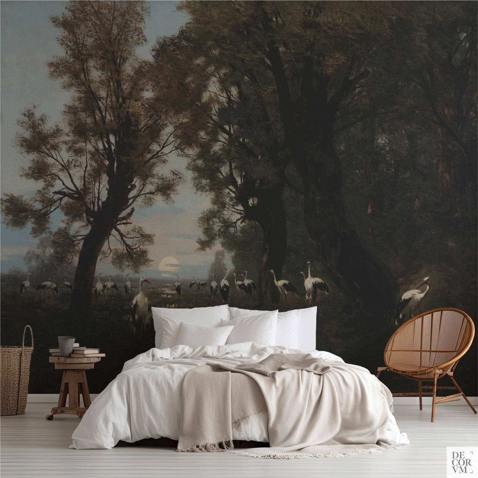 Bedroom mockup with Gathering Storks wallpaper mural, a moody realist forest wetland scene with storks and a pale moon behind the bed.