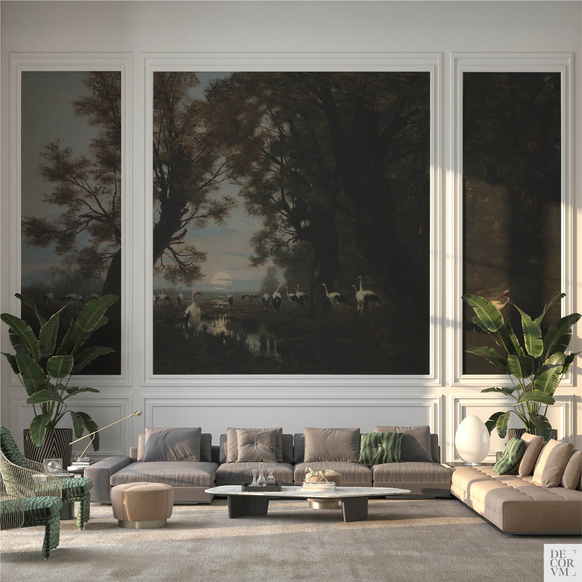 Classic living room with wall moulding and three-panel framed display of the Gathering Storks wallpaper mural above a sectional sofa and plants.