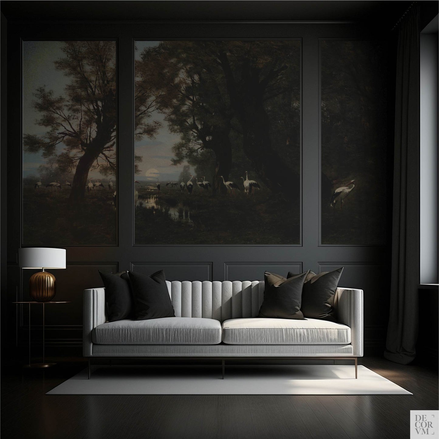 Moody dark living room with charcoal paneling and a triptych-style installation of the Gathering Storks wallpaper mural behind a modern sofa.
