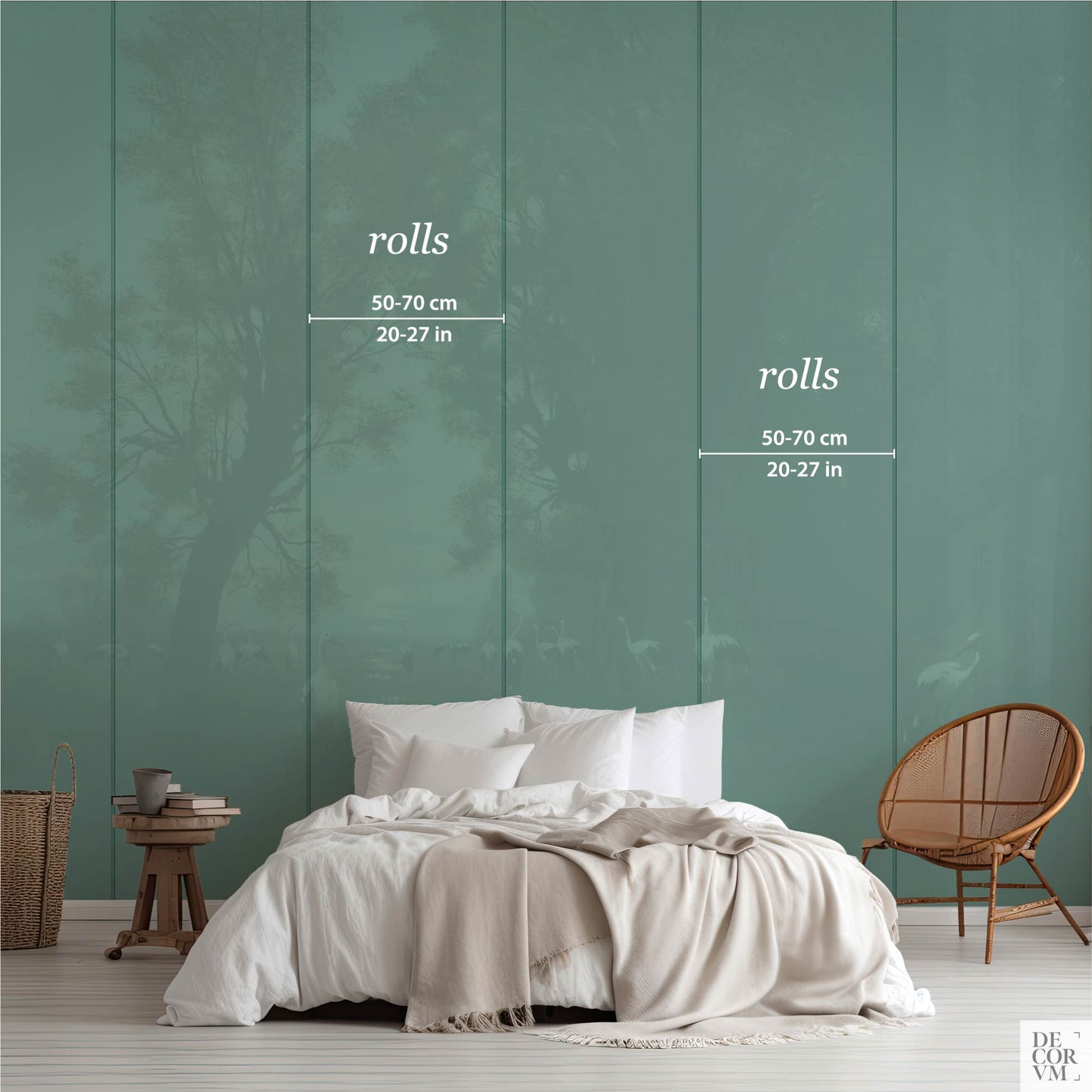 Size guide mockup showing wallpaper mural roll/panel widths (50–70 cm / 20–27 in) over the Gathering Storks design in a bedroom scene.