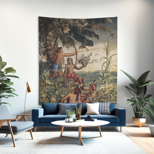 Large Indian Hunter tapestry as statement art above navy sofa in modern living room; Baroque tropical scene adds warmth and texture.