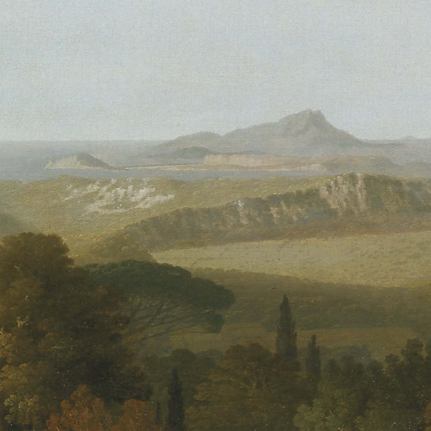 Italian Vista Landscape Wallpaper Mural detail—distant volcanic hills, lake, and layered ridgelines in soft Mediterranean light.