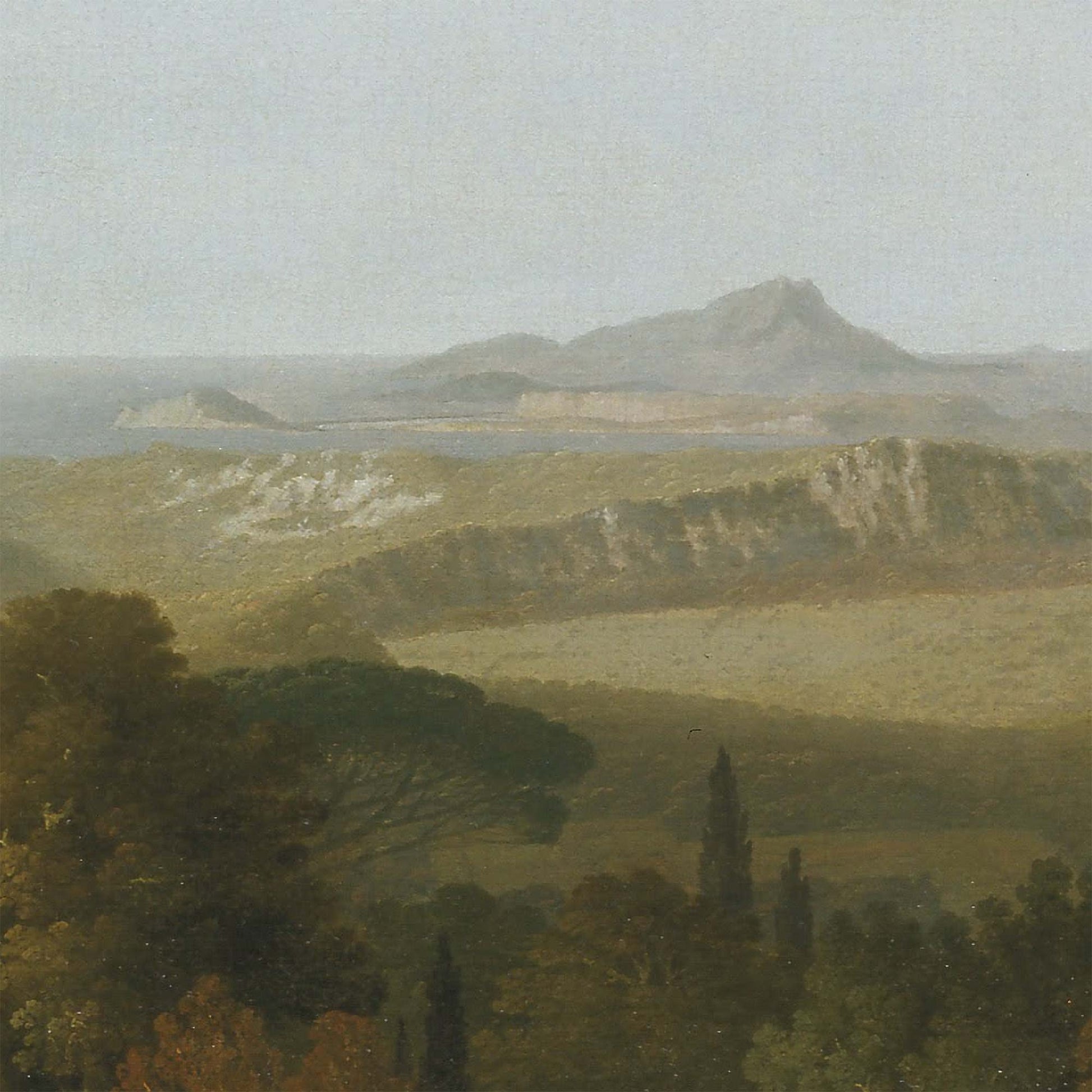 Italian Vista Landscape Wallpaper Mural detail—distant volcanic hills, lake, and layered ridgelines in soft Mediterranean light.