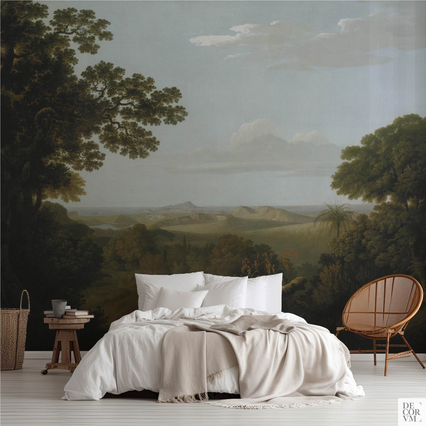 Italian Vista Landscape Wallpaper Mural in airy bedroom; Mediterranean hills and sky by Thomas Jones create a calm, classical backdrop.