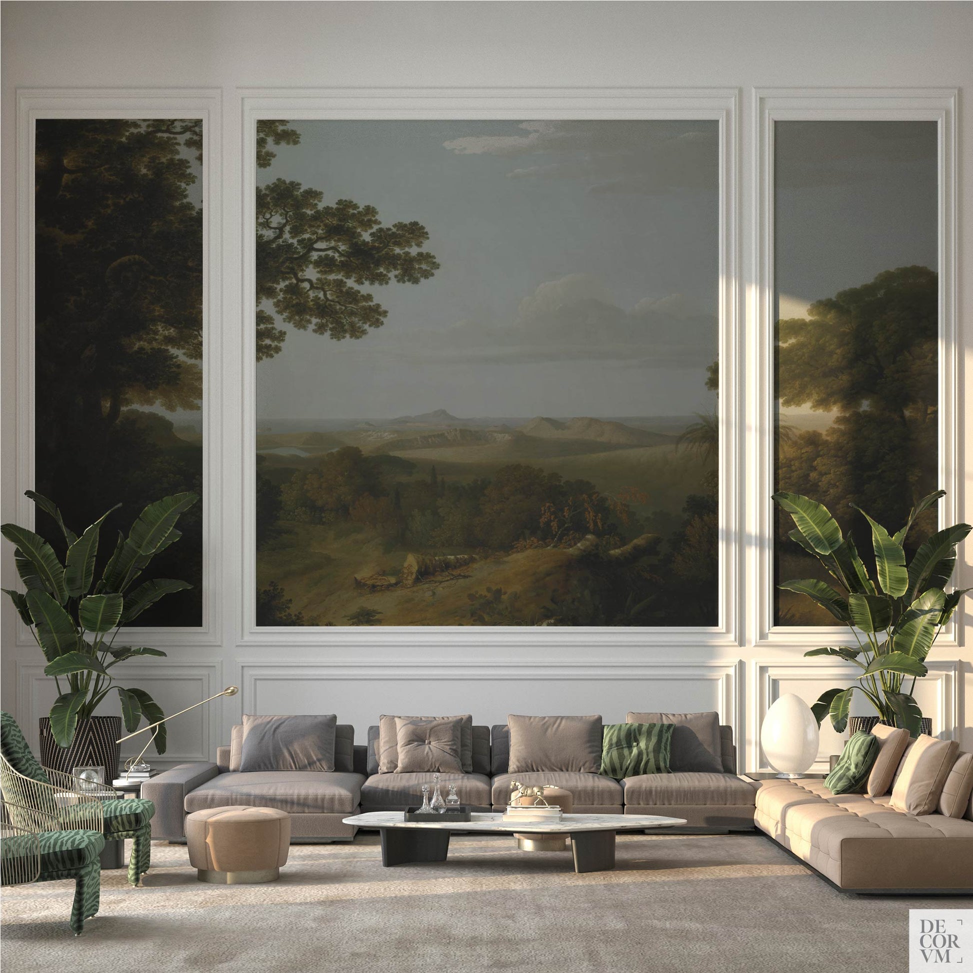 Italian Vista Landscape Wallpaper Mural installed within white panel moulding; expansive Campi Flegrei view anchors a sophisticated living room.