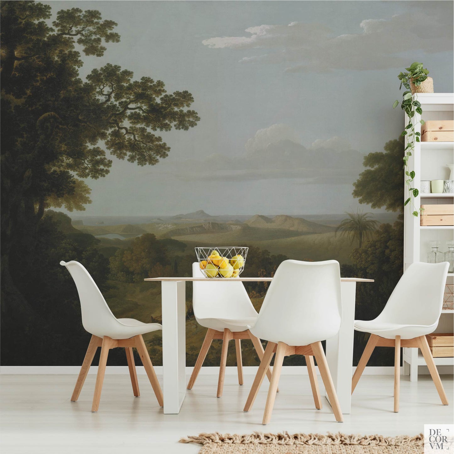 Italian Vista Landscape Wallpaper Mural in bright dining area; open sky and distant mountains framed by trees evoke Grand Tour elegance.