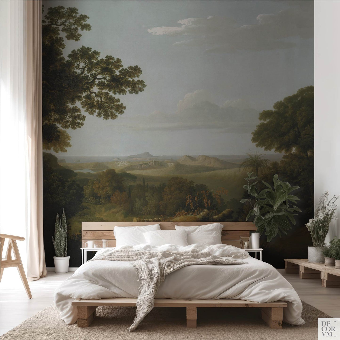 Italian Vista Landscape Mural behind minimalist wooden bed; serene Neapolitan horizon and clouds in soft blue-green tones.