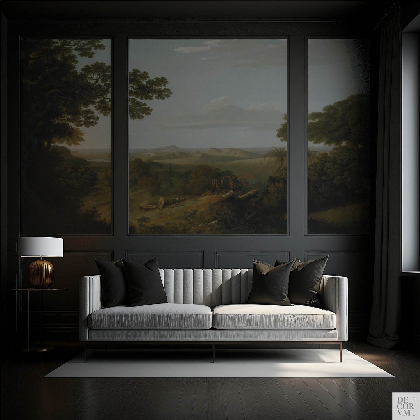 Italian Vista Landscape Mural set in charcoal panelled salon; museum-style presentation of a classical landscape for formal living rooms.