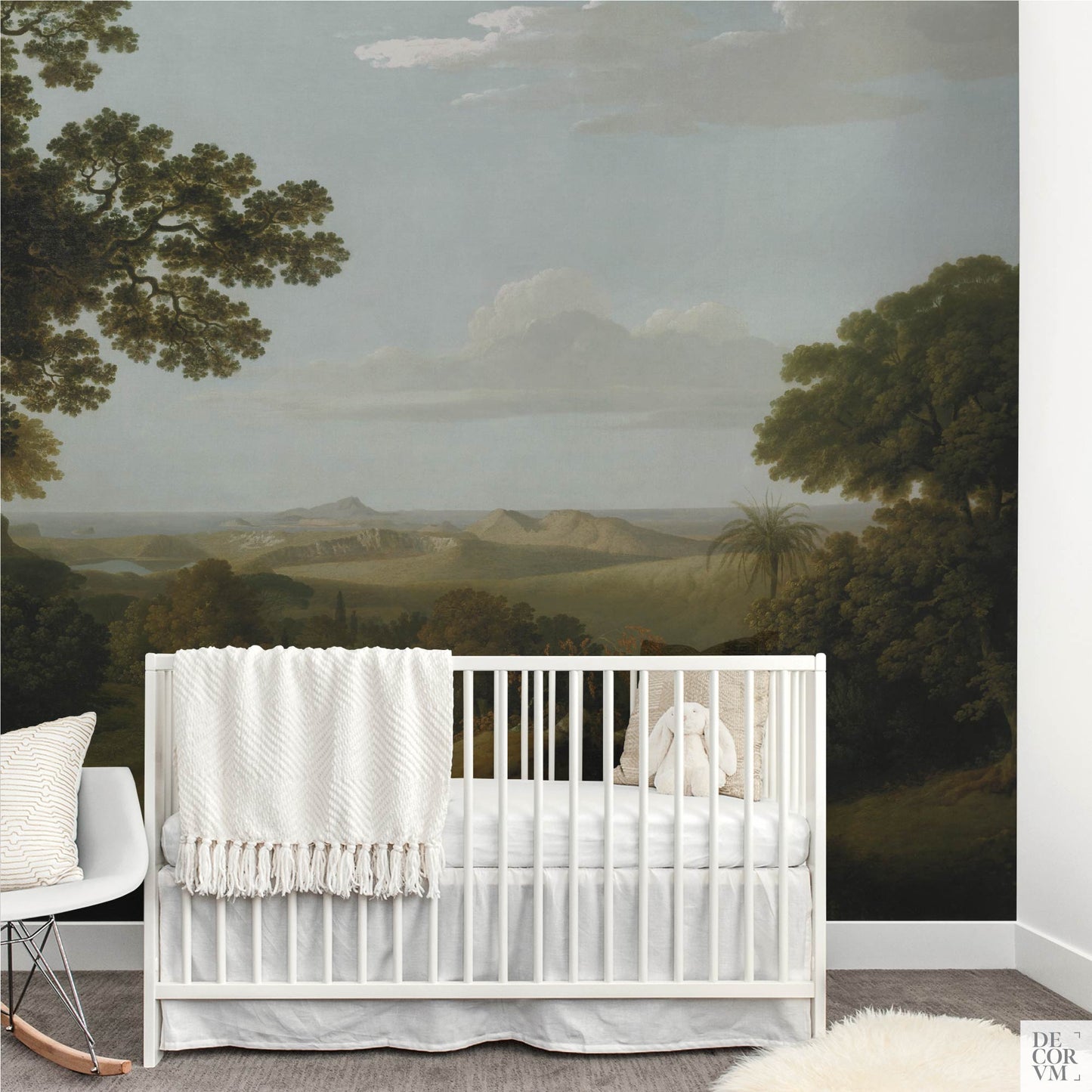 Italian Vista Landscape Wallpaper Mural in nursery; gentle clouds and rolling hills create a soothing, gender-neutral Mediterranean backdrop.