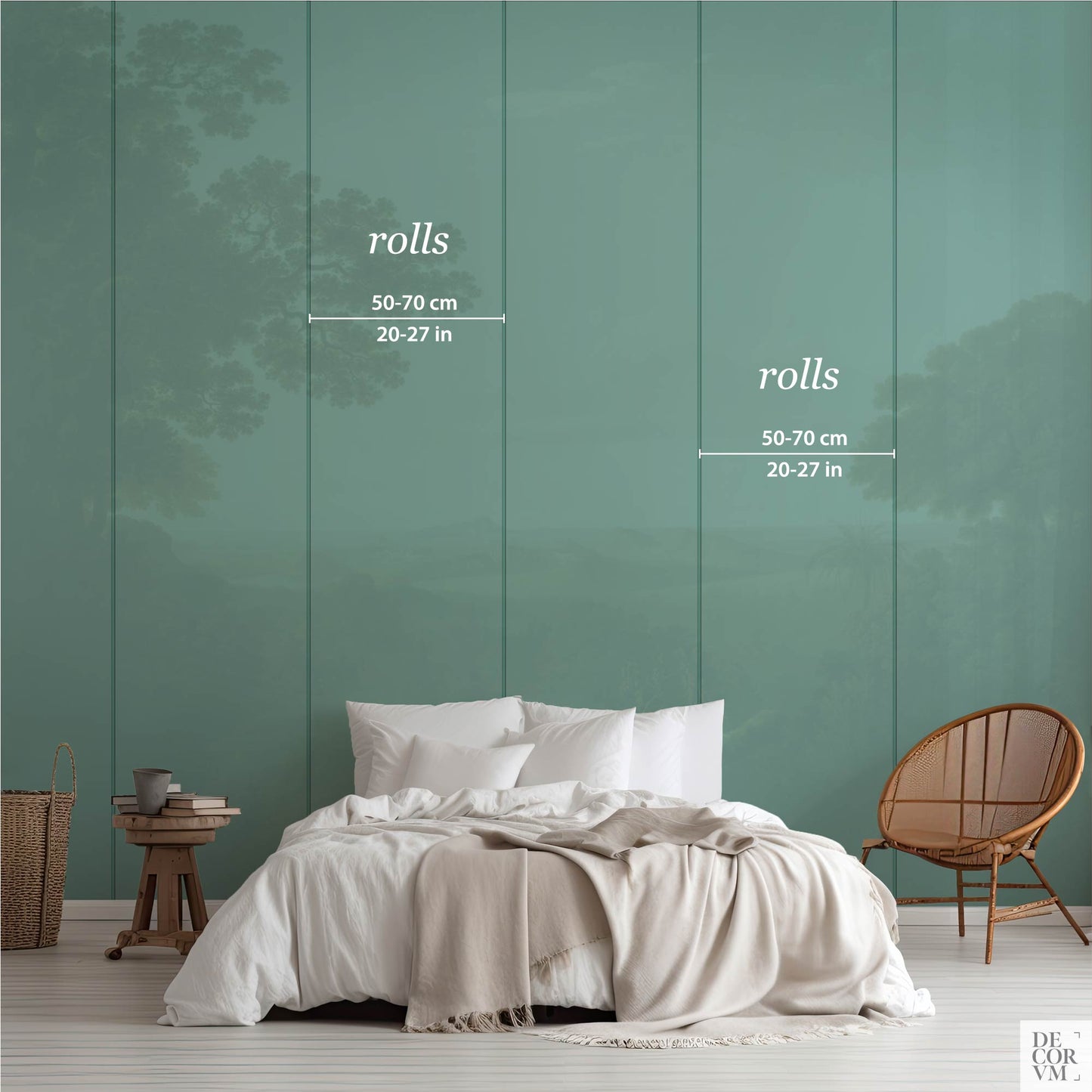 Italian Vista Landscape Wallpaper Mural size guide—panel layout showing roll widths 50–70 cm (20–27 in) for scaling and ordering.